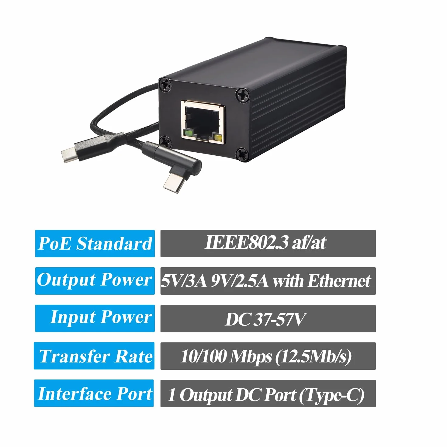 Revotech Konwerter PoE na USB C 5V/3A 9V/2,5A IEEE802.3af/at Ethernet Ładowanie PD