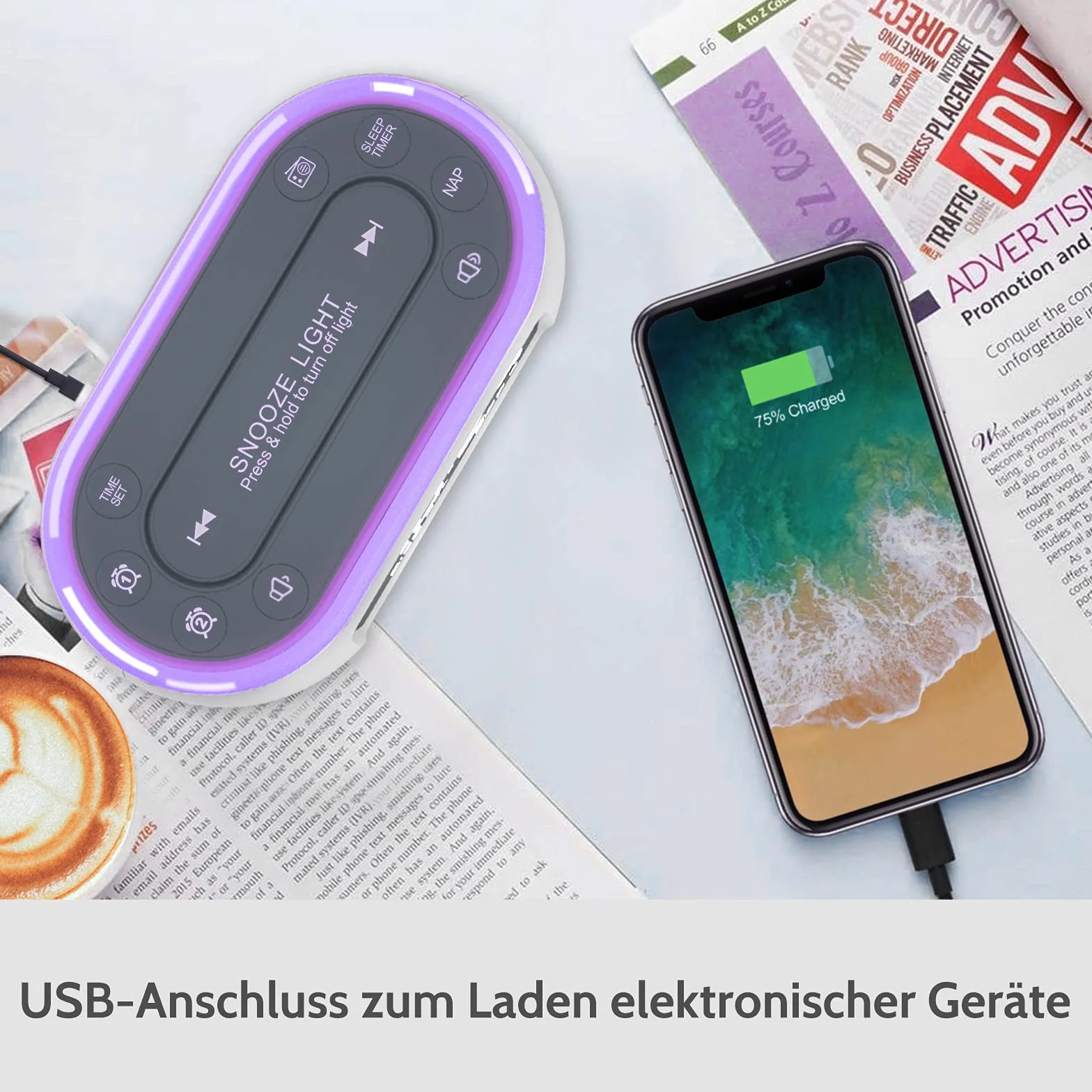 BUFFBEE Radiobudzik z 7-kolorowym światłem nocnym, podwójny alarm, funkcja drzemki, ściemniacz, ładowarka USB, nap-timer, cyfrowy budzik z radiem FM i automatycznym wyłączaniem, zasilanie sieciowe z