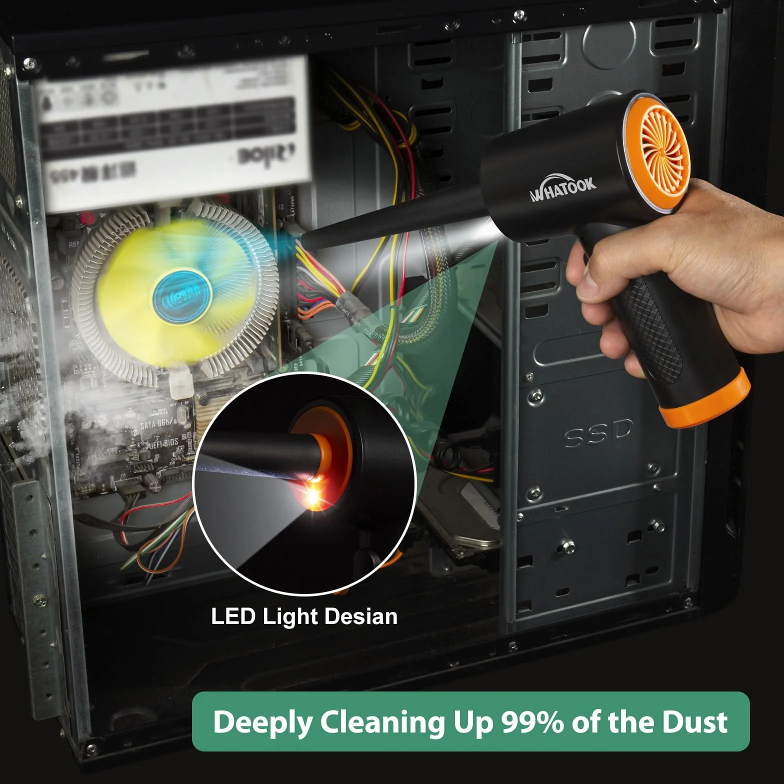Elektryczna dmuchawa do kurzu, Bezprzewodowy odkurzacz do czyszczenia komputera， 3-biegowa dmuchawa Air Duster, wydajna 60 000 obr./min, z oświetleniem LED do komputera (Air Duster & Vacuum)