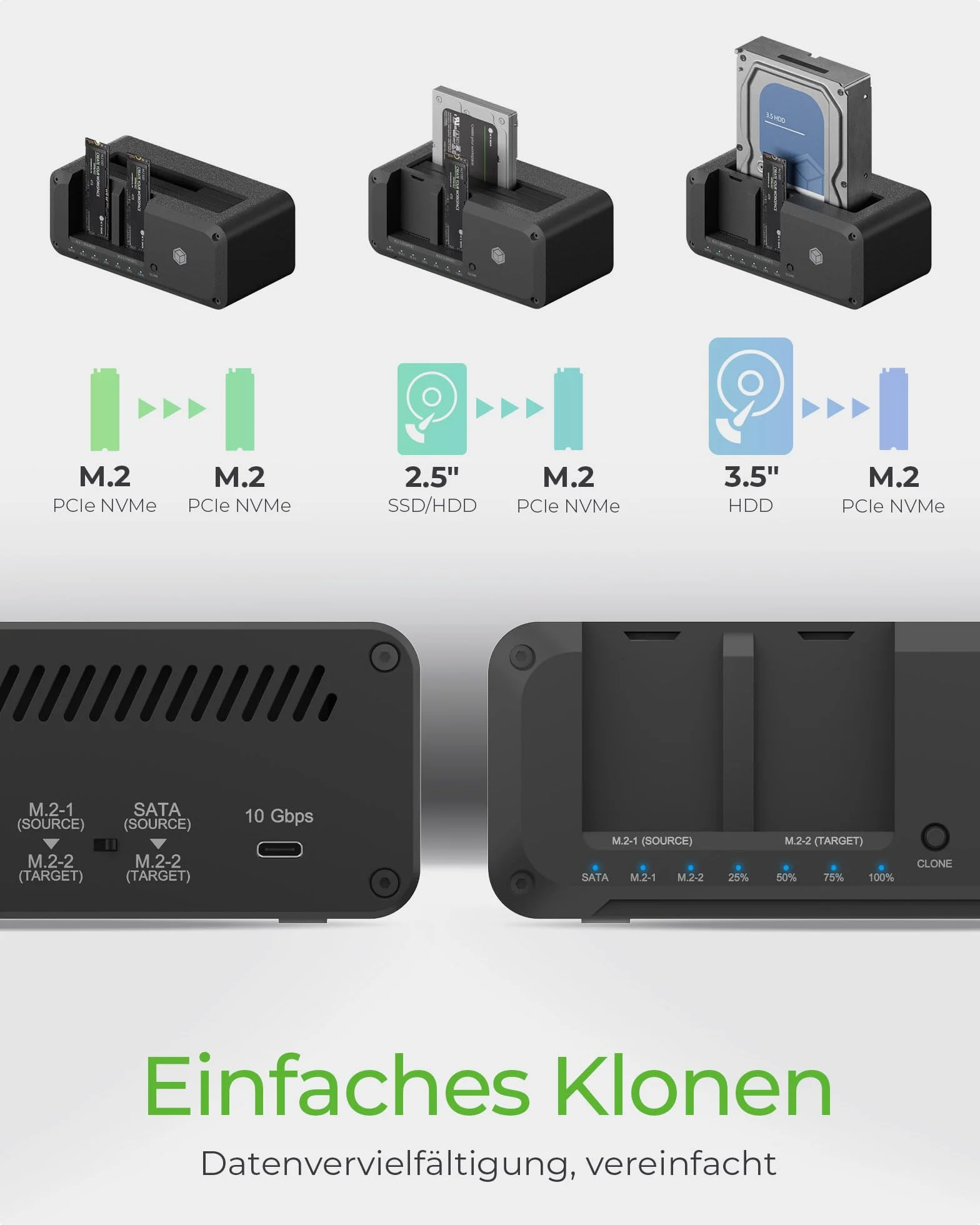 ICY BOX Stacja dokująca do dysków M.2 NVMe i SATA, dwukierunkowe klonowanie, USB 3.2 10 Gb/s