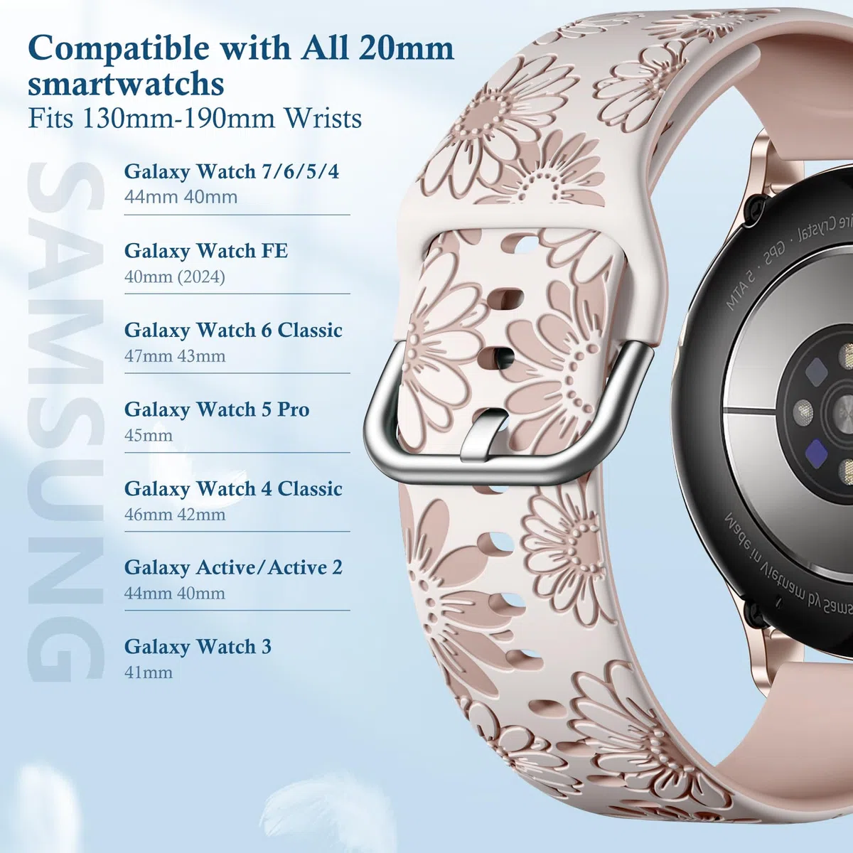 Netolo Bransoletka z grawerowanym wzorem kwiatowym, kompatybilna z Samsung Galaxy Watch 7 6 5 4 (40 mm/ 44 mm), Galaxy Watch 6 4 Classic / 5 Pro 45 mm/ FE/Active 2, 20 mm, miękki silikonowy pasek dla