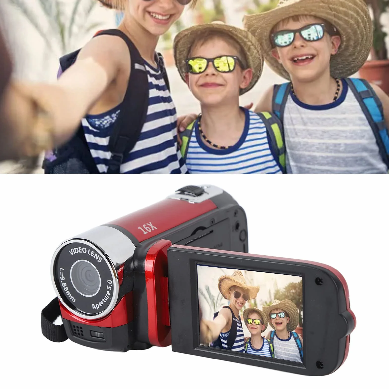 Ręczna kamera wideo DV 1080P 16 MP 16-krotny zoom cyfrowy obrotowy ekran TFT 6.9 cm czerwona