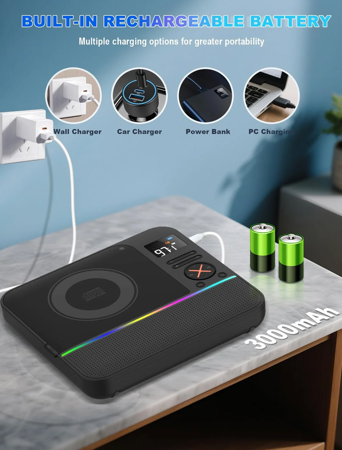 Przenośny odtwarzacz CD Bluetooth, Boombox, stacjonarny odtwarzacz CD z radiem FM Bluetooth i wyświetlaczem LED RGB z podwójnym wbudowanym głośnikiem, kompatybilny z USB/AUX do domowych przenośnych
