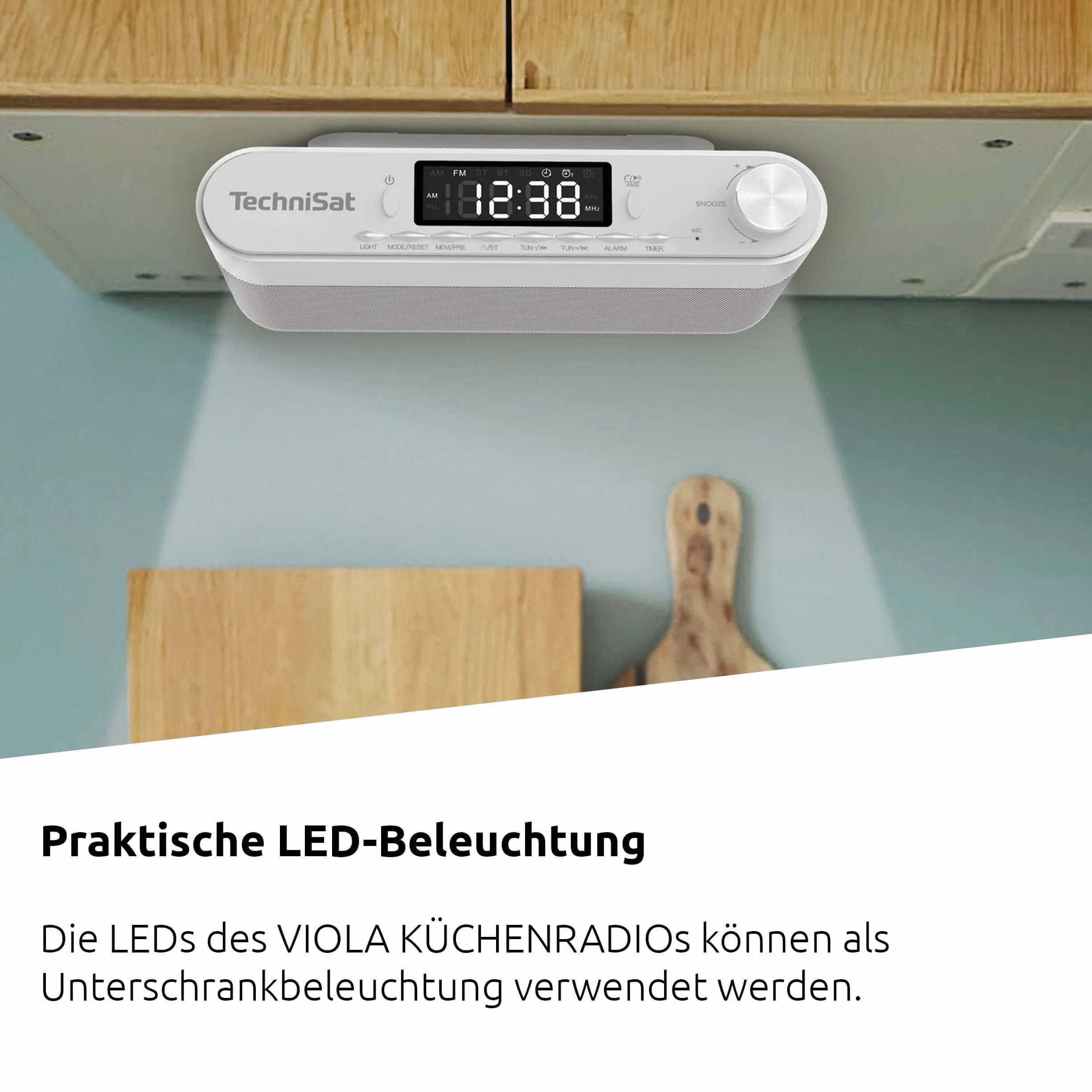 TechniSat Viola radio kuchenne podszafkowe UKW/FM Bluetooth wyświetlacz LED lampa robocza timer budzik głośnik 5 W białe