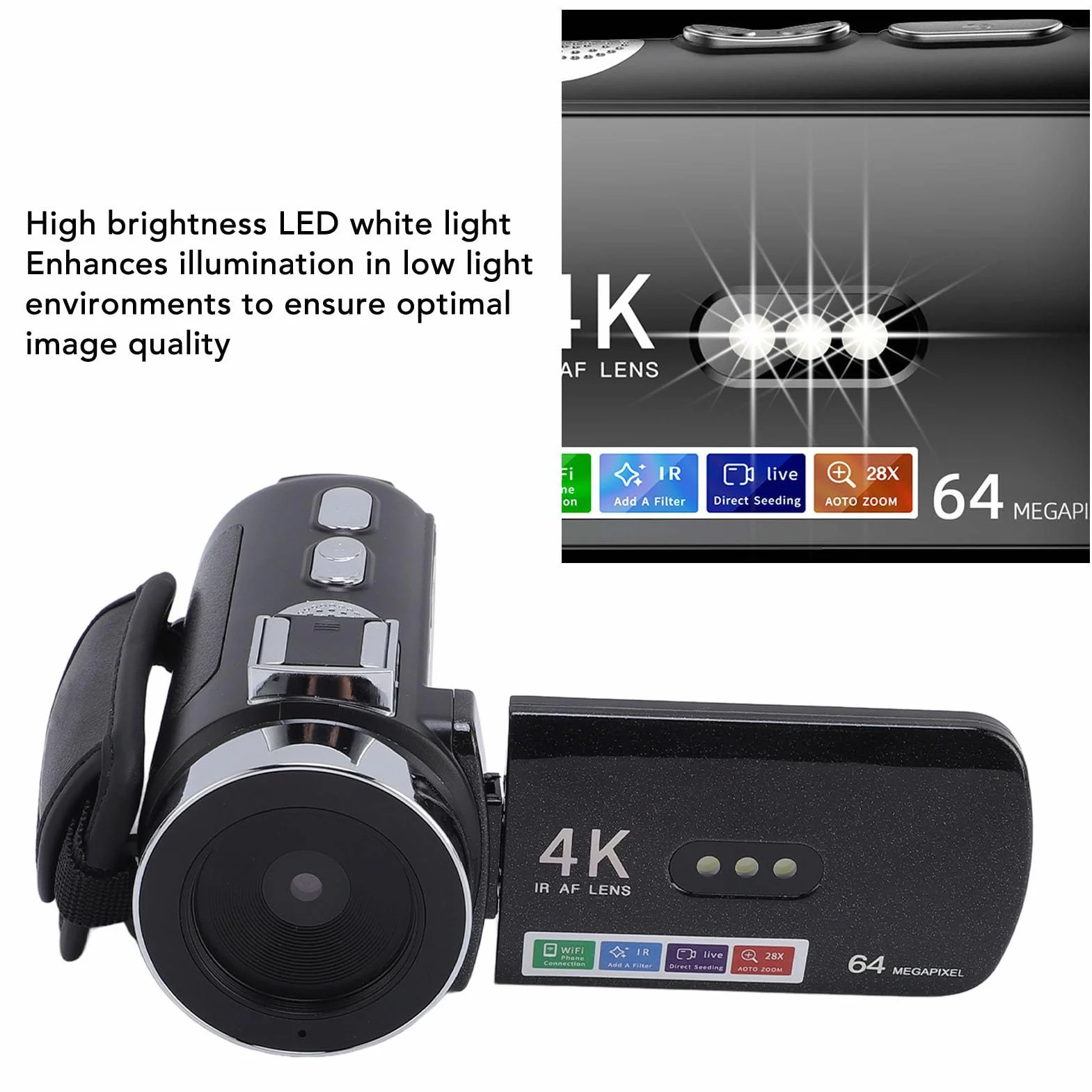 Kamera Wideo, 4K 64MP Ultra HD Kamera, 3 -calowy Ekran Flip WiFi Vlogging Rejestrator z 28x Cyfrowy Zoom, IR Nocne Widzenie, Bateria 4800 MAh dla YouTube