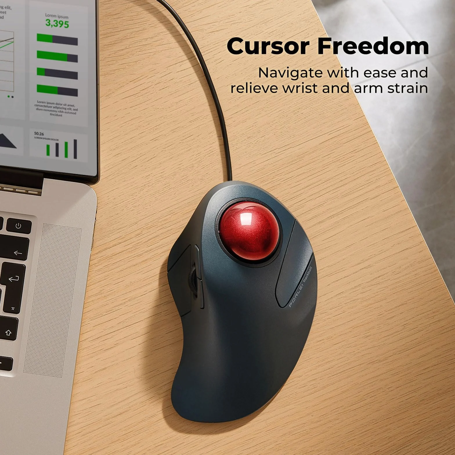 Przewodowa mysz Trackball, łatwe sterowanie palcem wskazującym, ergonomiczna wygodna konstrukcja zmniejsza obciążenie mięśni, precyzyjne i płynne śledzenie, kompatybilna z komputerami PC