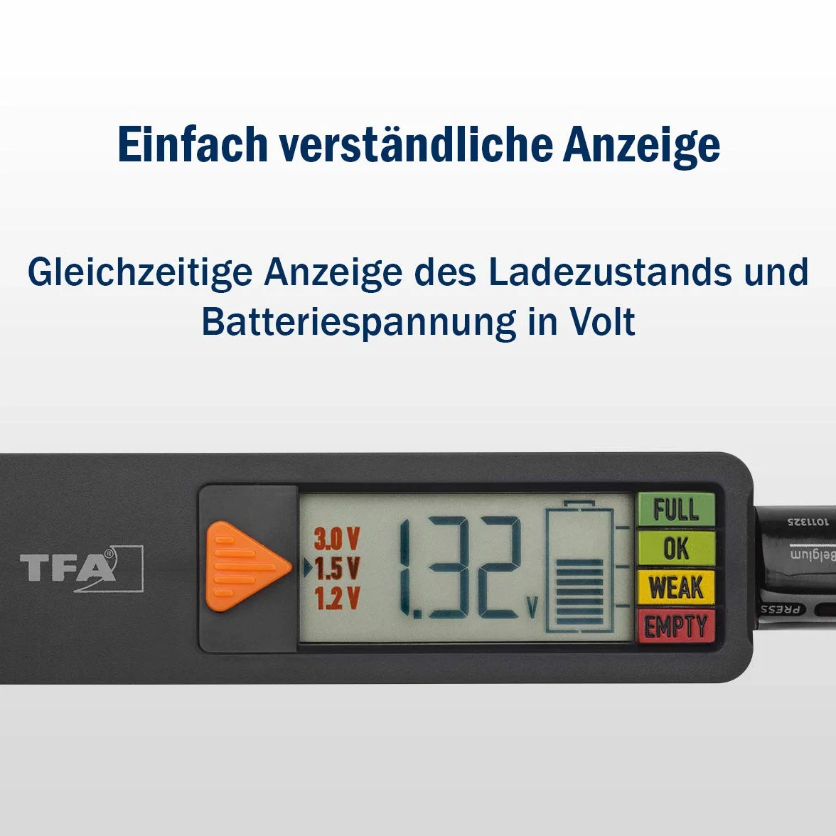 Tfa Dostmann Tester Baterii Batterycheck, 98.1126.01, do Baterii i Akumulatorów (Aaa, Aa, C, D), Baterii Guzikowej, Baterii Blokowej, Wskaźnik Stanu Ładowania/Woltu, Łatwy i Szybki, Czarny
