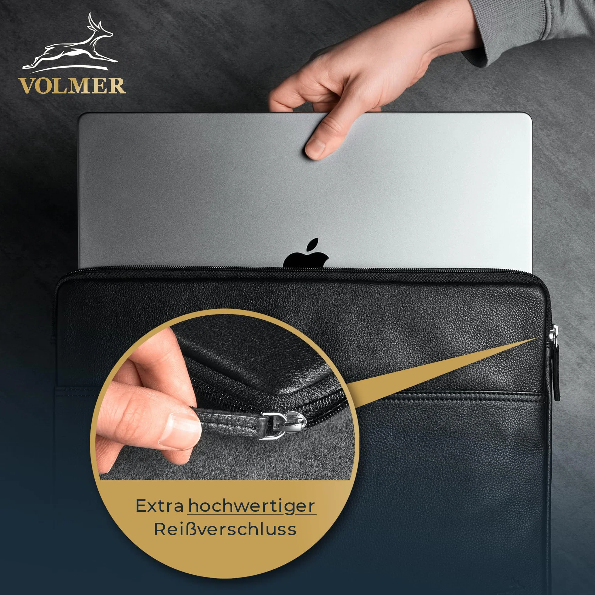 Fa.Volmer ® Etui na laptopa 13,3/15,6 cala ze szlachetnej skóry – brązowe/czarne – z metalowym zamkiem błyskawicznym – wyściełane – do MacBook, Microsoft Surface i wielu innych