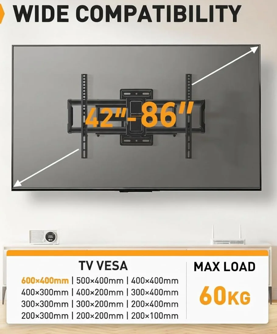Perlegear Uchwyt ścienny do telewizora, wychylny, do telewizorów płaskich i zakrzywionych 42-86 cali, maks. VESA 600 x 400 mm do 60 kg