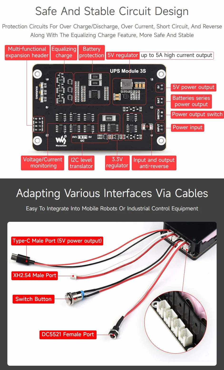 Waveshare Uninterruptible Power Supply UPS Module Supports Charging and Power Output at the Same Time 3S & 5V 5A Output