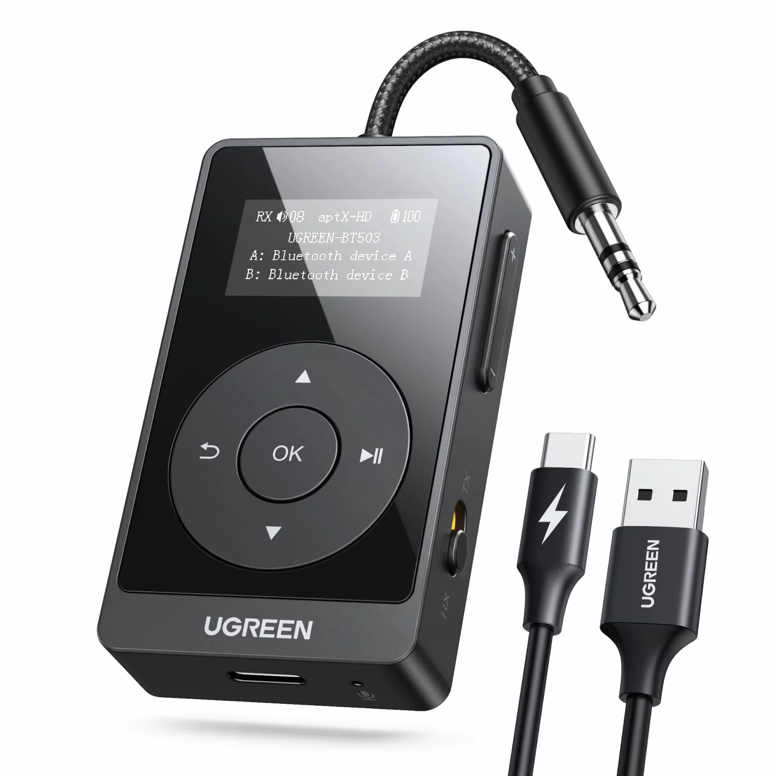 UGREEN aptX AD-HQ Bluetooth Transmitter Jack Adapter Bluetooth ze wskaźnikiem LED dla 2 słuchawek Airpods,nadajnik-odbiornik kompatybilny z TV,samolotem,samochodem,32-godzinna żywotność baterii