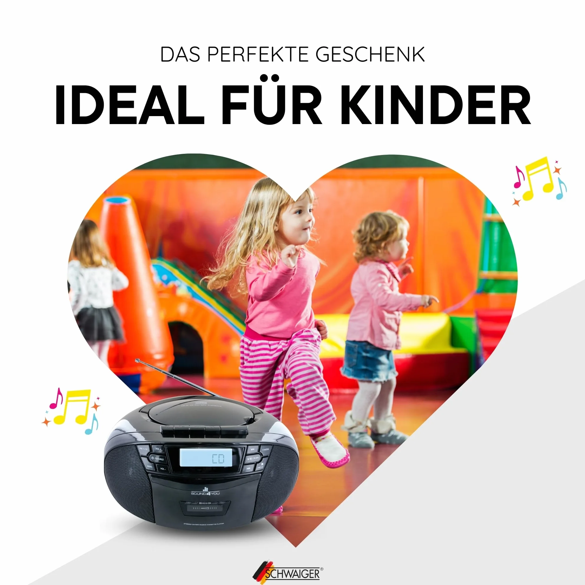 SCHWAIGER -658026- Przenośny odtwarzacz CD z kasetami i radiem | MP3 | Złącze USB | Radio FM | Słuchawki AUX | Boombox | Stereo | do domu i w podróży | Zasilanie sieciowe i akumulatorowe | Wyświetlacz