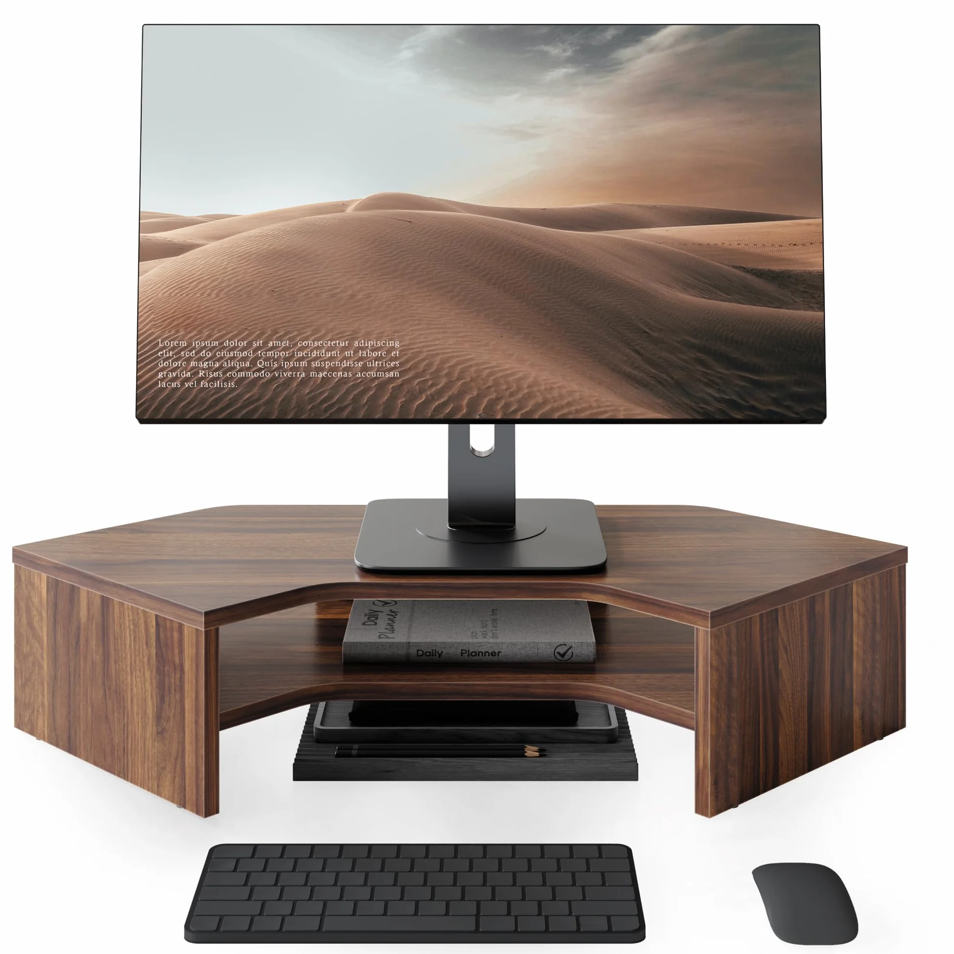 Fenge Stojak na monitor, biurko, 2-poziomowy drewniany narożnik z podpórką, wytrzymały stojak na komputer, wielofunkcyjny stojak na komputer do laptopa PC, Imac, drukarki, komputera (brązowy)