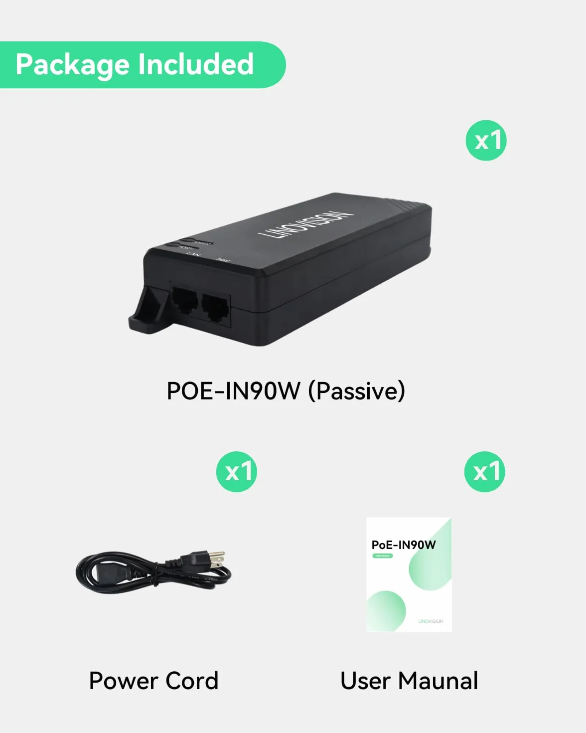 LINOVISION Gigabit 90W pasywny wtryskiwacz POE, jednoportowy wtryskiwacz PoE++, 10/100/1000Mbps Hi-POE Midspan, wtryskiwacz zasilania POE do kamery PTZ, telefonu VoIP