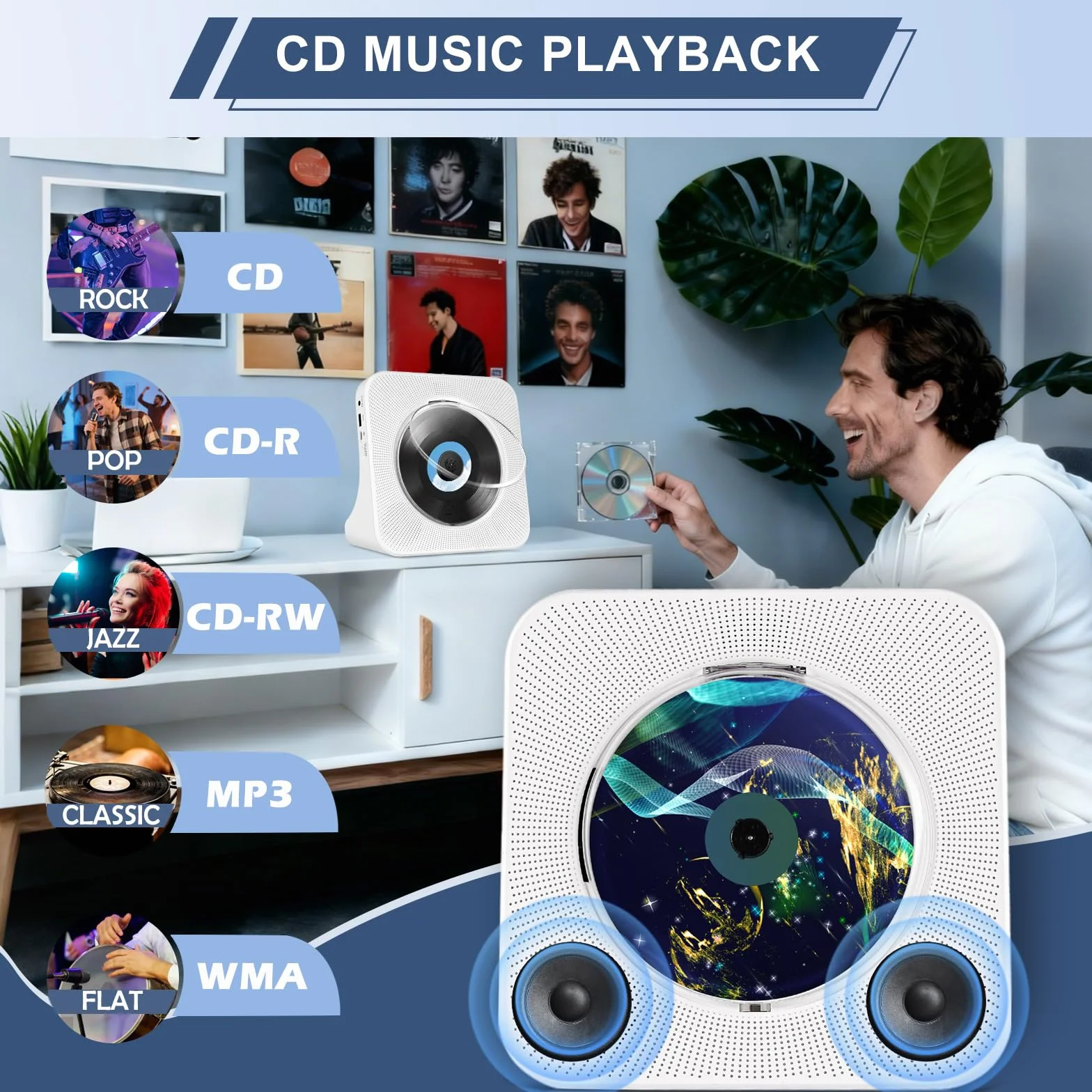 Przenośny odtwarzacz CD, Bluetooth, odtwarzacz CD z podwójnym głośnikiem, obsługuje ustawienia timera/radio USB/AUX/FM, połączenie ze słuchawkami Bluetooth lub głośnikami, pilot zdalnego sterowania
