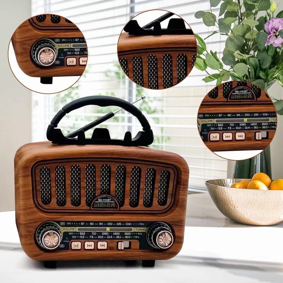 Radio retro z Bluetooth 5.0, AM/FM/SW retro, nostalgiczne małe radio walizkowe, radio kuchenne z dużym głośnikiem 5 W, obsługuje funkcję USB/TF/TWS, proste radio dla seniorów (brązowe)