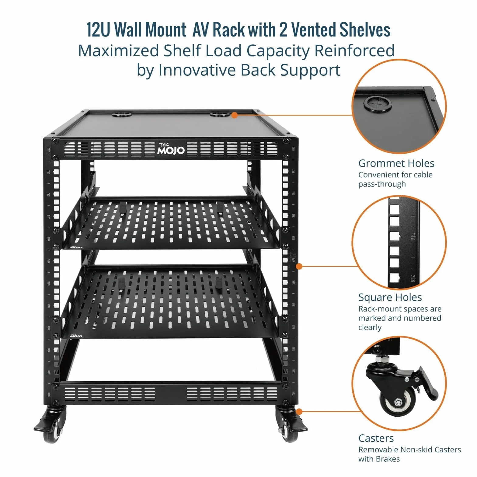 Tecmojo 19" Open Frame Rack sieciowy do serwerów i urządzeń AV, możliwość montażu na ścianie i stojącej, szafa sieciowa, 4 słupki z kółkami, z 2 wkładanymi półkami 1U i materiałem montażowym (12U)