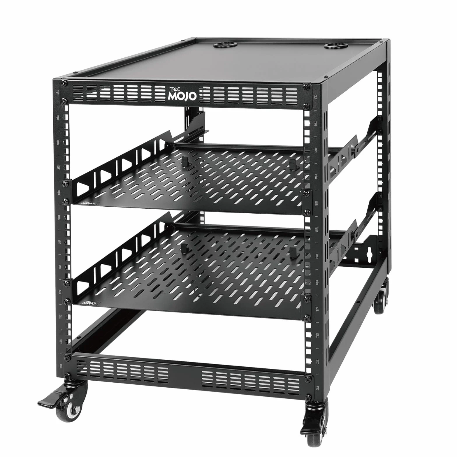 Tecmojo 19" Open Frame Rack sieciowy do serwerów i urządzeń AV, możliwość montażu na ścianie i stojącej, szafa sieciowa, 4 słupki z kółkami, z 2 wkładanymi półkami 1U i materiałem montażowym (12U)