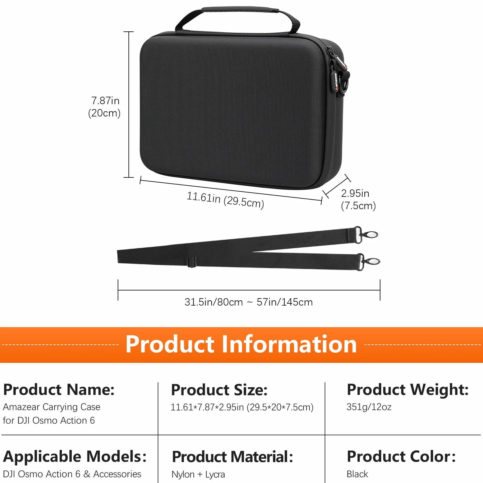 AMAZEAR Przenośny futerał do DJI Action 6, twarda obudowa z paskiem na ramię torba podróżna do akcesoriów DJI Osmo Action 6, kompaktowy wodoodporny organizer