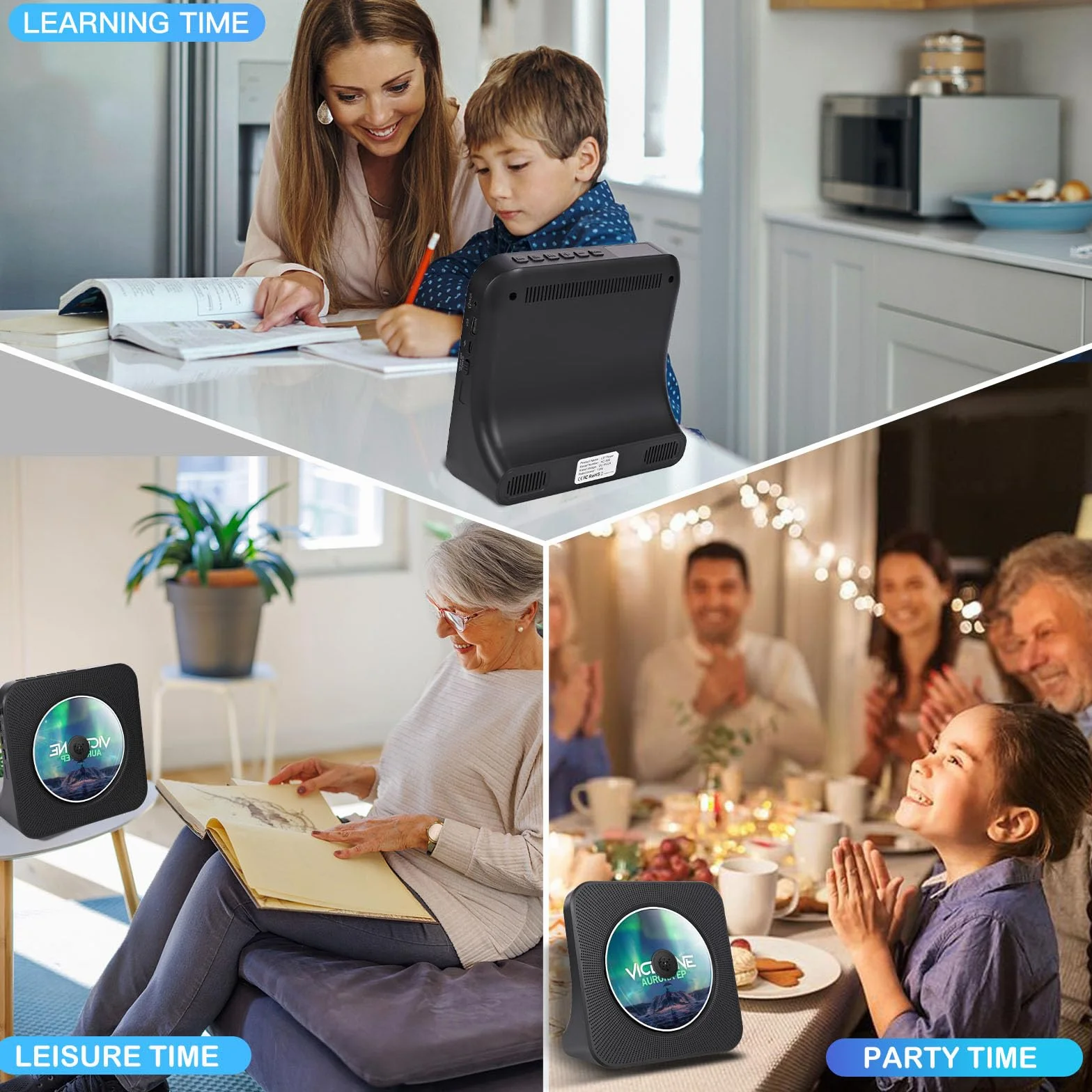 Desktopowy odtwarzacz CD z nadajnikiem Bluetooth, przenośny odtwarzacz radiowy z głośnikami i timerem, odtwarzacz CD z portem AUX/USB, osłona przeciwpyłowa, wyświetlacz LCD