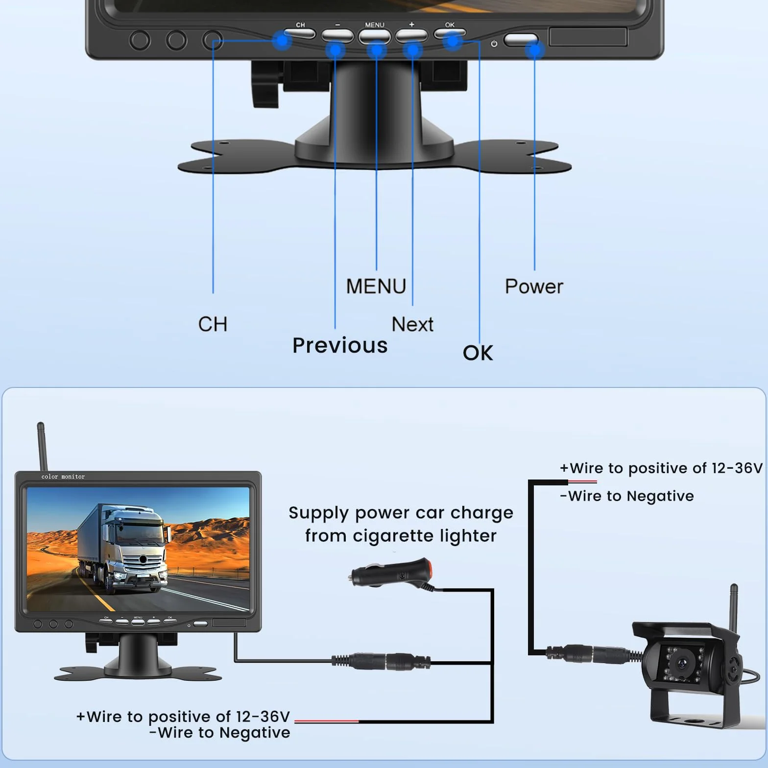 Inefala Bezprzewodowa Cyfrowa Kamera Cofania 7-calowy Monitor IP68 BSD