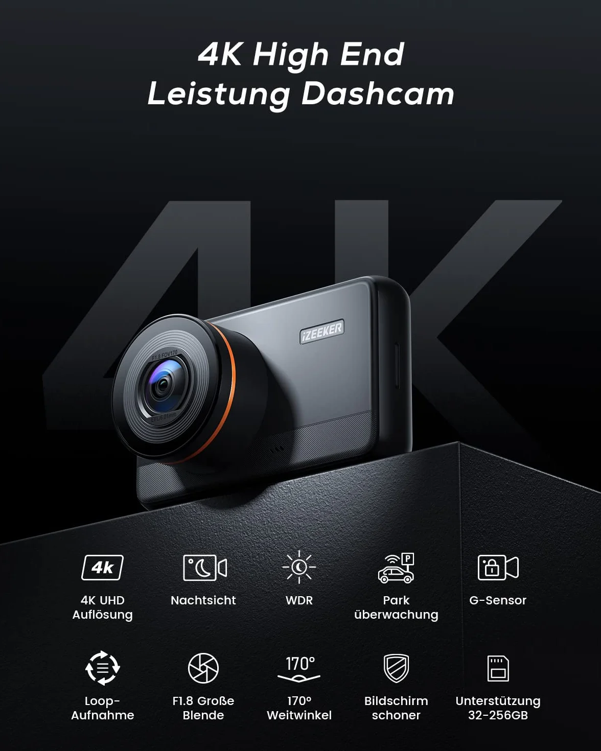 iZEEKER 4K Kamera samochodowa z przodu, 2160P Kamera samochodowa z darmową kartą 32GB, Kamera samochodowa z trybem nocnym, Nagrywanie w pętli, Czujnik G-Sensor, Automatyczne blokowanie, Tryb parkingow
