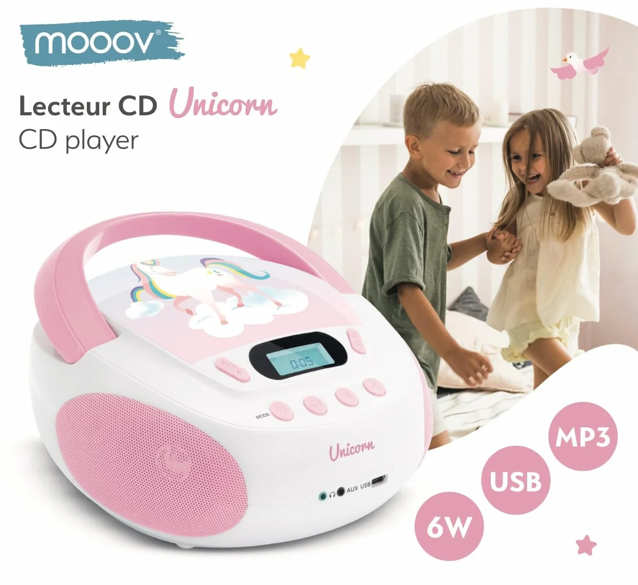 MOOOV 477407 odtwarzacz CD jednorożec dla dzieci, z portem USB