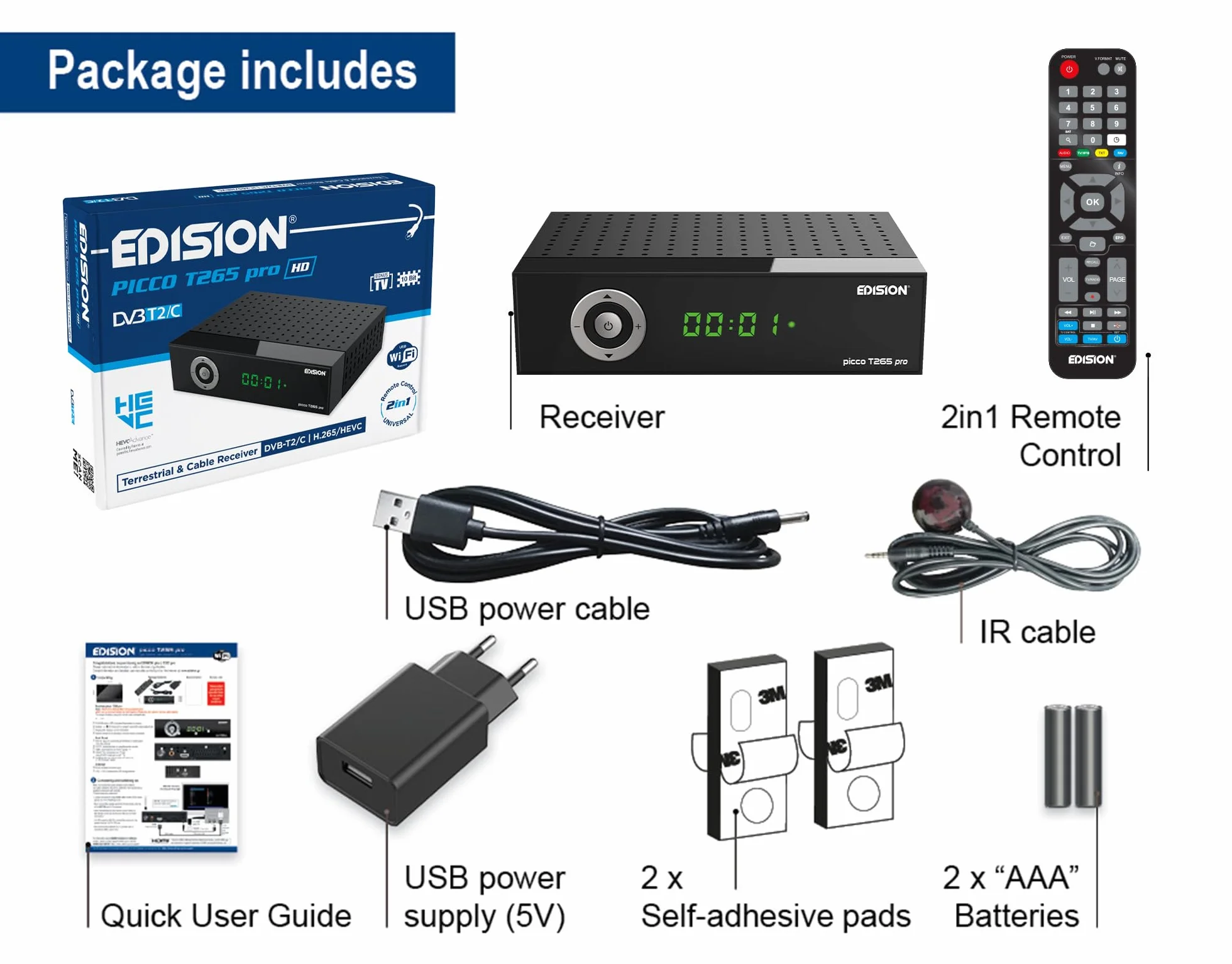 Dekoder dvb-t2 hevc EDISION PICCO T265 pro HD naziemnej i kablowy Odbiornik, DVB-T2/C H.265, FTA, Full HD, PVR, USB, HDMI, SCART, S/PDIF, IR, Obsługa USB WiFi, Uniwersalny pilot 2w1, Zasilacz 2w1
