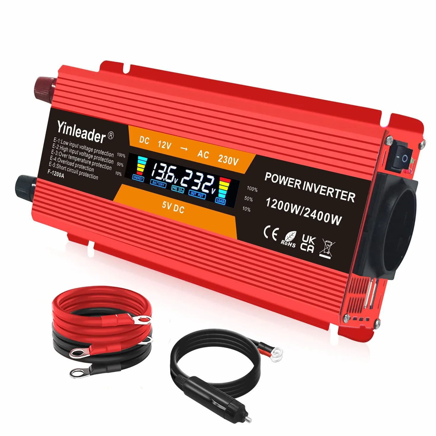 Yinleader Przetwornica napięcia 1200 W 2400 W 12 V 230 V falownik Dual USB Power Inverter z wyświetlaczem LCD czerwony