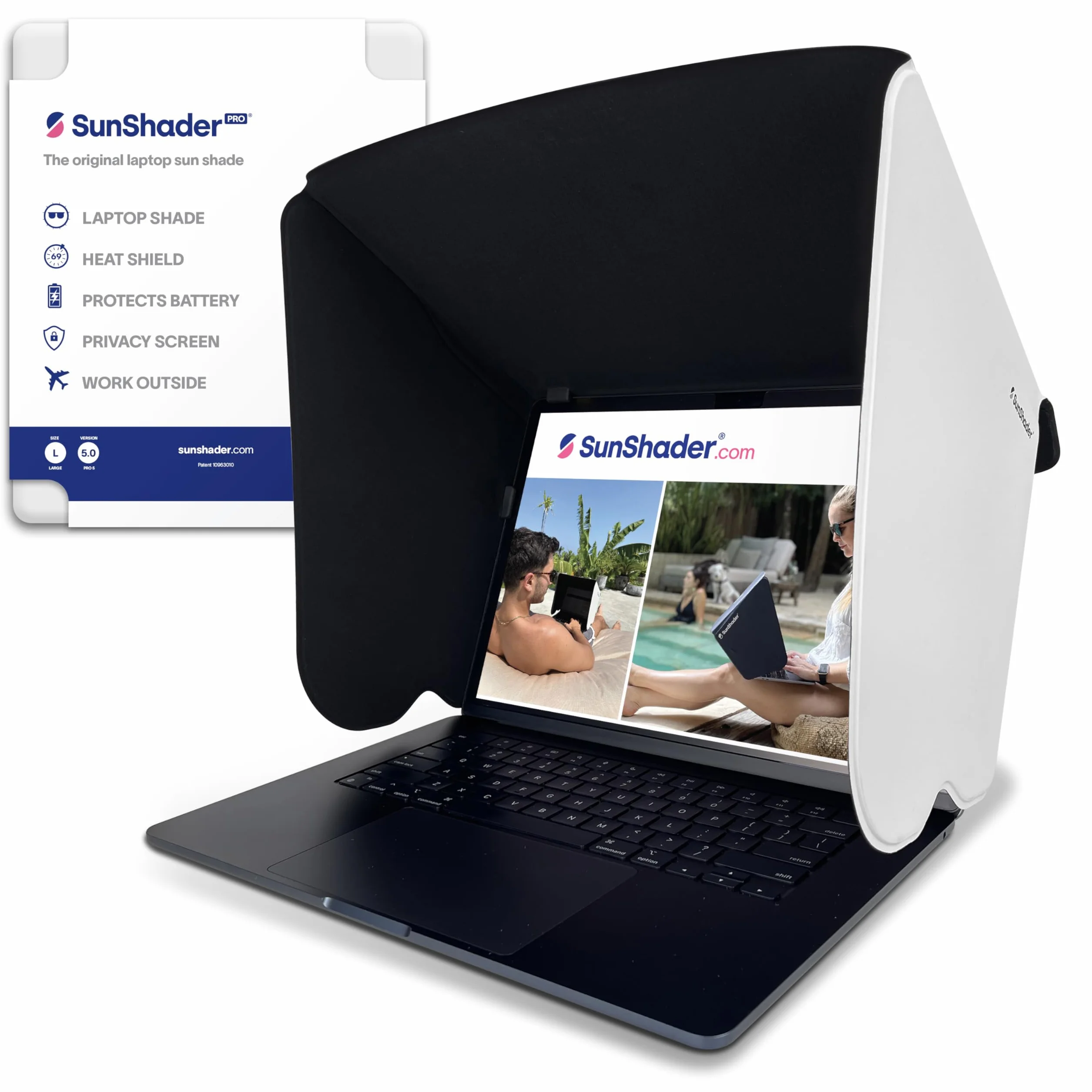 SunShader Pro 5 (L, biała) osłona przeciwsłoneczna do laptopa do pracy na zewnątrz - patent 10963010