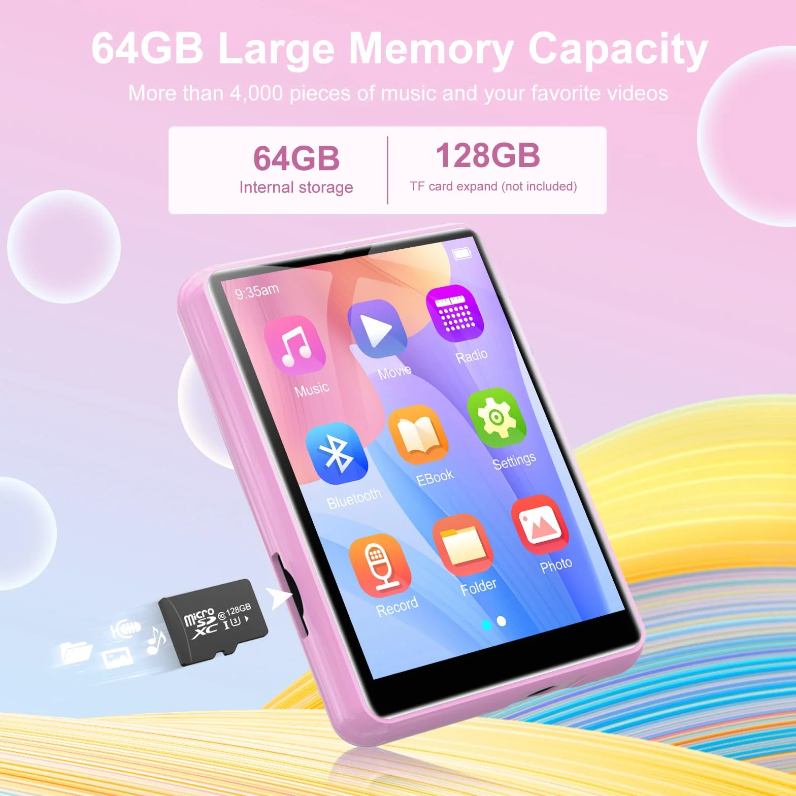 Odtwarzacz MP3 64 GB Bluetooth 5.3 2,4-calowy ekran dotykowy przenośny HiFi odtwarzacz muzyczny z głośnikiem Radio FM różowy