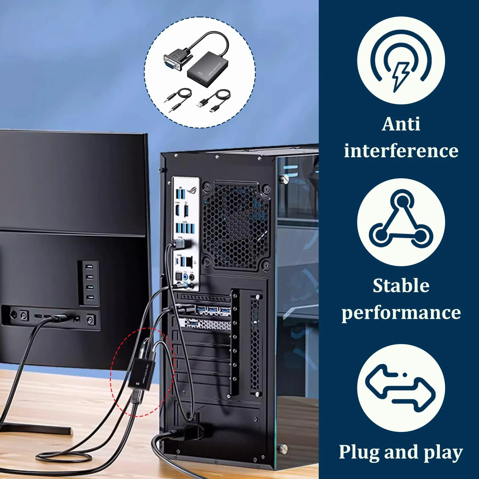 Adapter VGA na HDMI, 1080p, konwerter VGA męski na HDMI żeński z dźwiękiem, jednokierunkowy kabel do laptopa, monitora, projektora, PC na telewizor HD, kompatybilny z audio 3,5 mm + USB