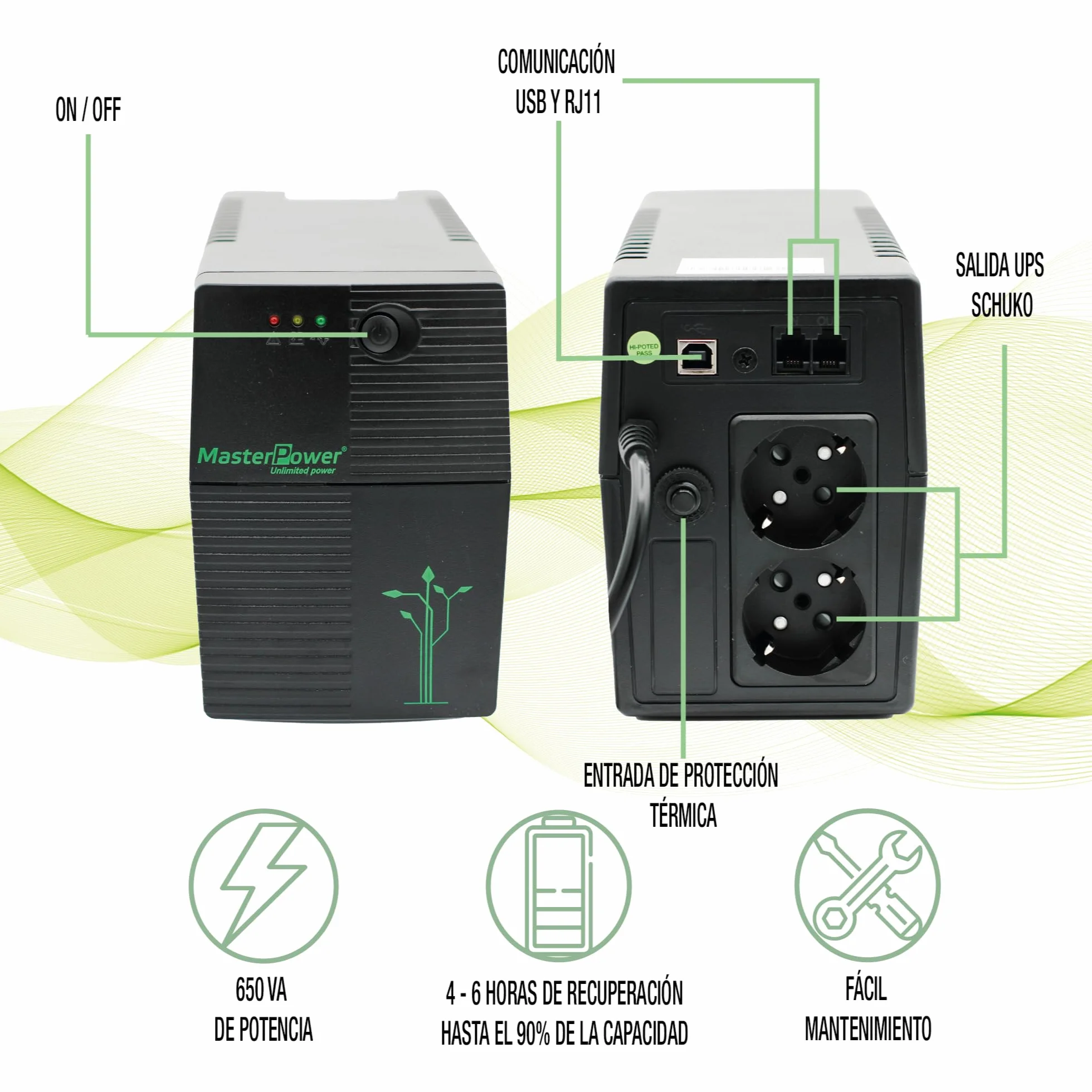 Master Power UPS 650 VA 360 W 2 gniazda Schuko