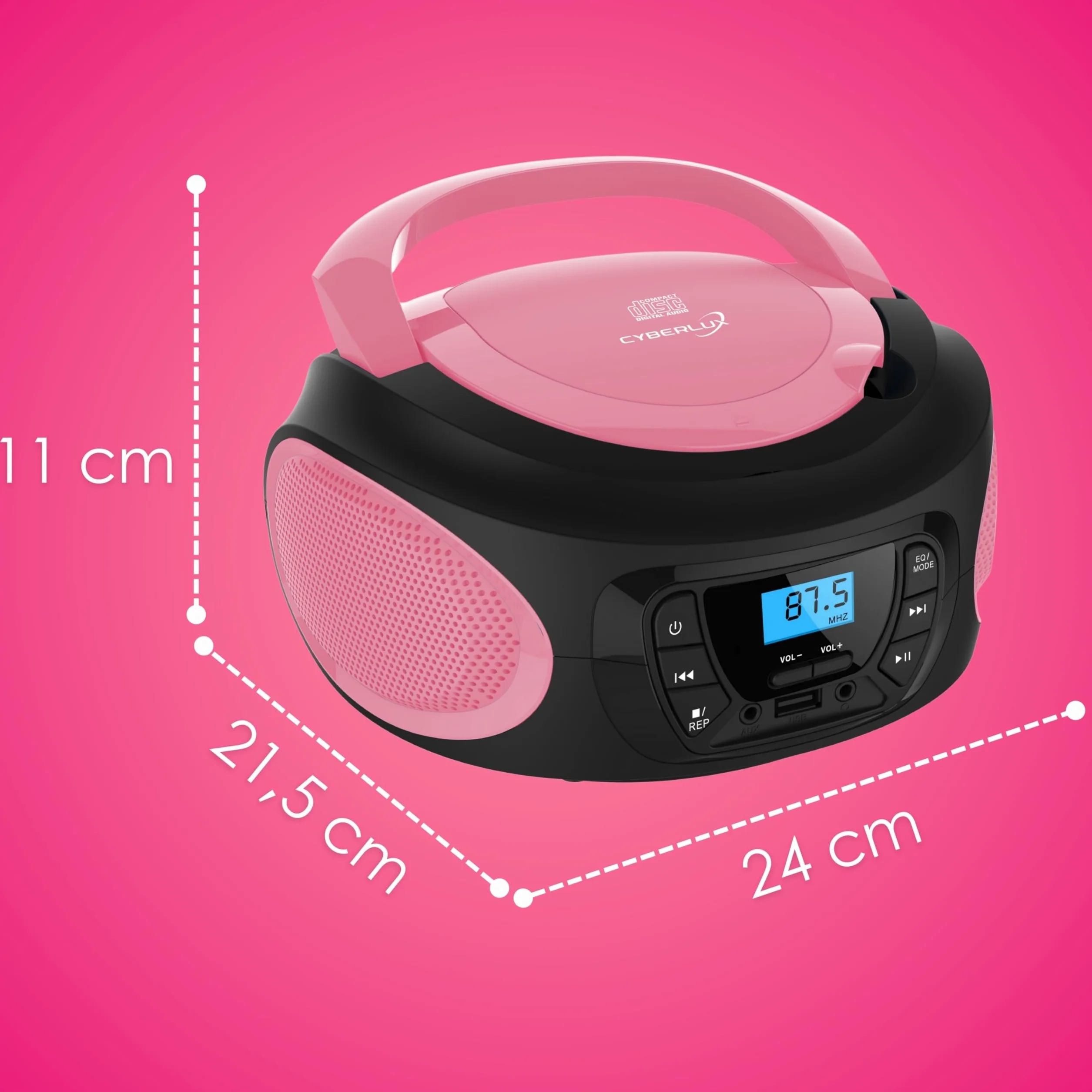 Boombox - Przenośny odtwarzacz CD - CD/CD-R - USB - Radio FM - Wejście AUX-IN - Gniazdo słuchawkowe - Radio dla dzieci - Radio CD - System stereo - Kompaktowy - Jasnoróżowy (Pretty Pink)