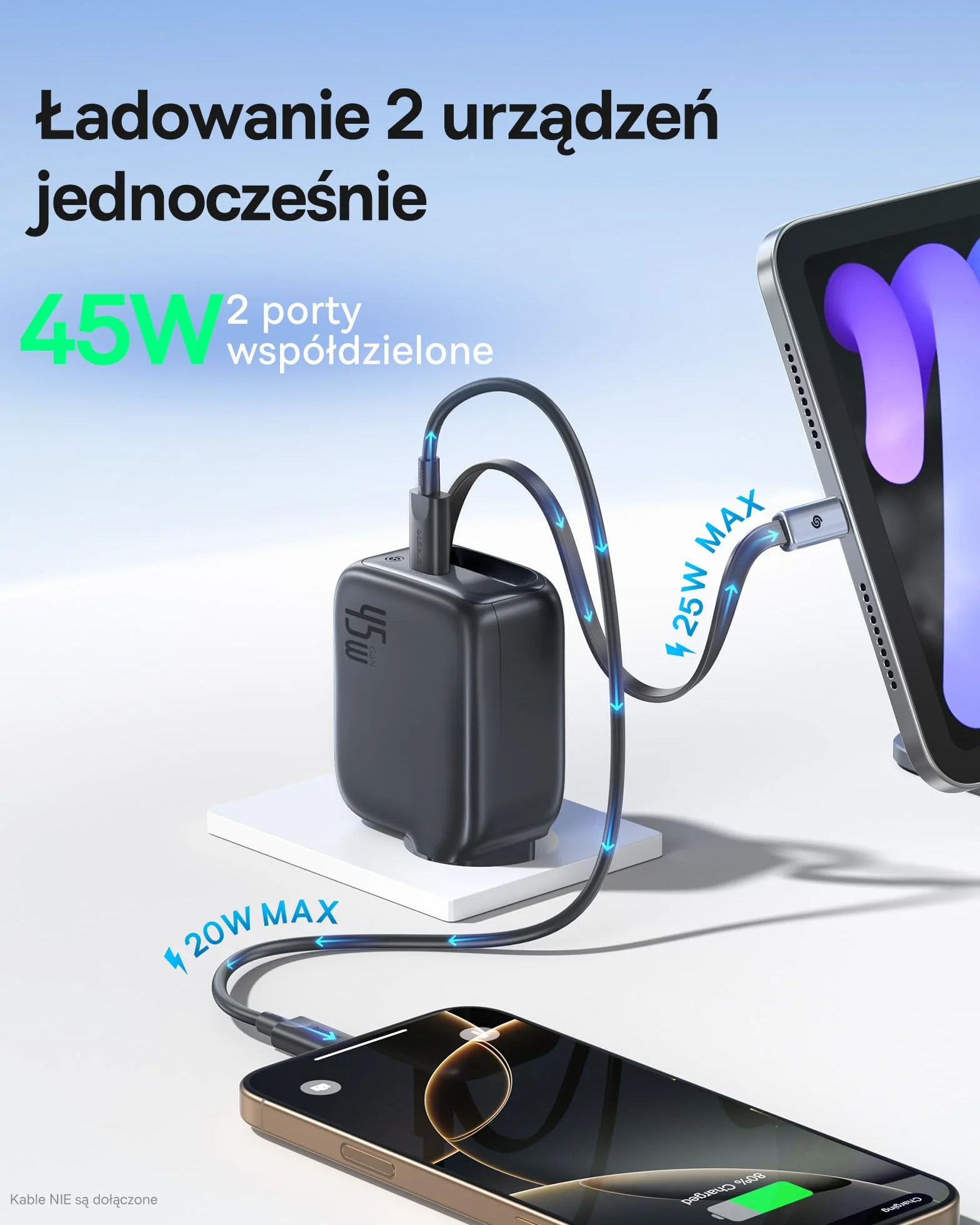 Ładowarka USB-C 45W do iPhone, Baseus Enercore z kablem USB-C, ładowarka do iPada, szybkie ładowanie PPS dla iPhone 16/15/14/13/12/11 Pro Max/Air, Samsung Galaxy S25, Pixel, z wysuwanym kablem