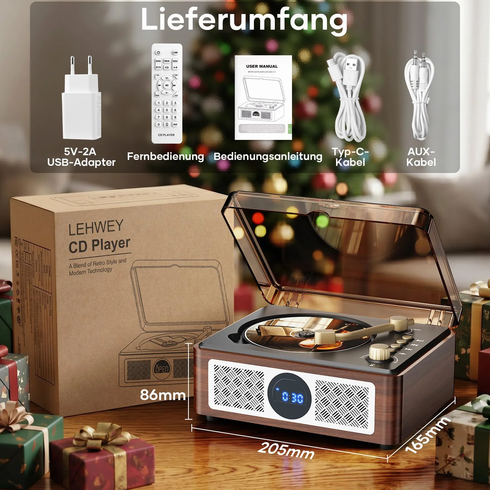 Przenośny odtwarzacz CD Bluetooth z głośnikiem – Lehwey Retro odtwarzacz CD z radiem FM, dźwięk stereo, obsługuje odtwarzanie USB/AUX, odtwarzacz CD w stylu vintage, z pilotem zdalnego sterowania