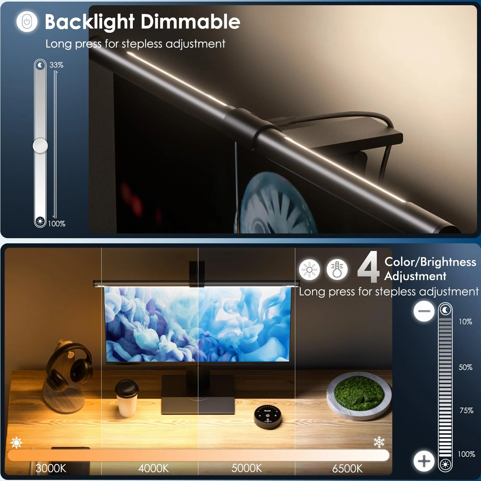 Lampa do monitora komputerowego Quntis z pilotem podświetlenia, 51 cm listwa oświetleniowa monitora do domowego biura, anty-niebieskie światło, lampa biurowa USB, regulowana