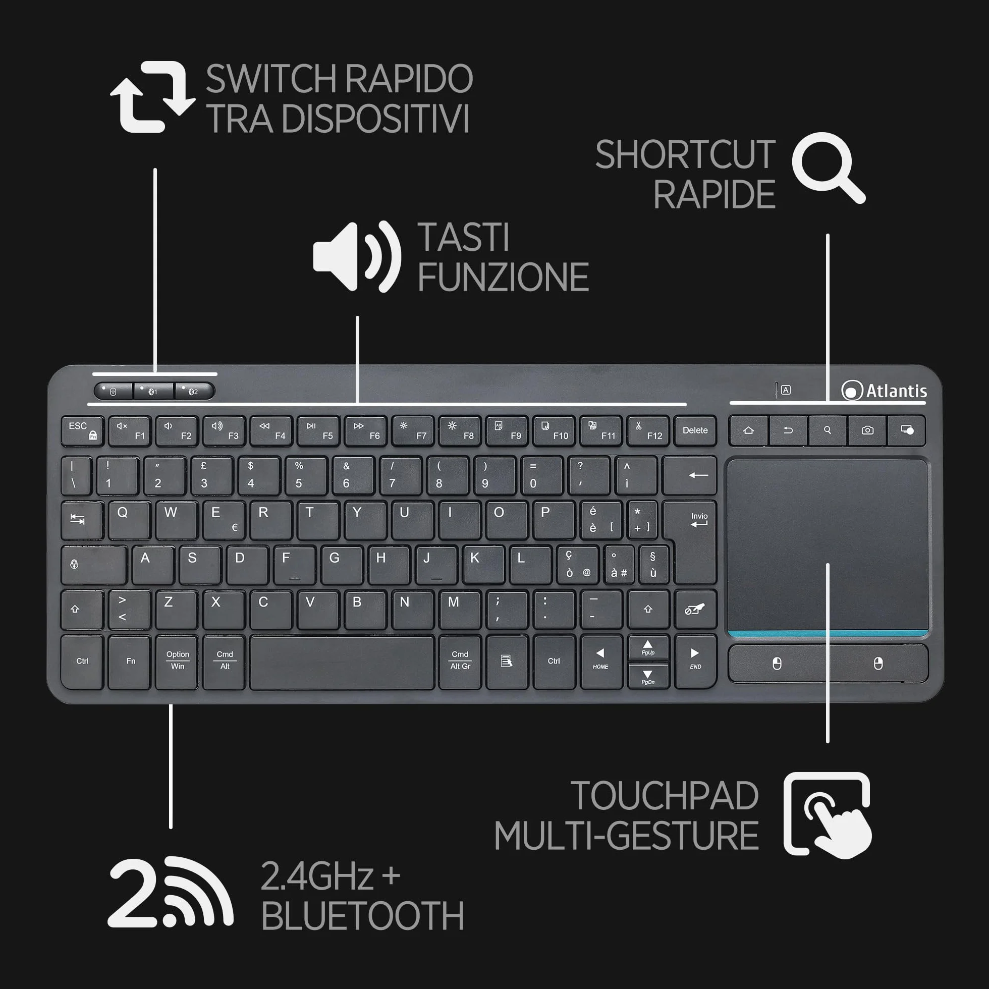 Atlantis Mini klawiatura bezprzewodowa z touchpadem Multi-Touch QWERTY RF Bluetooth