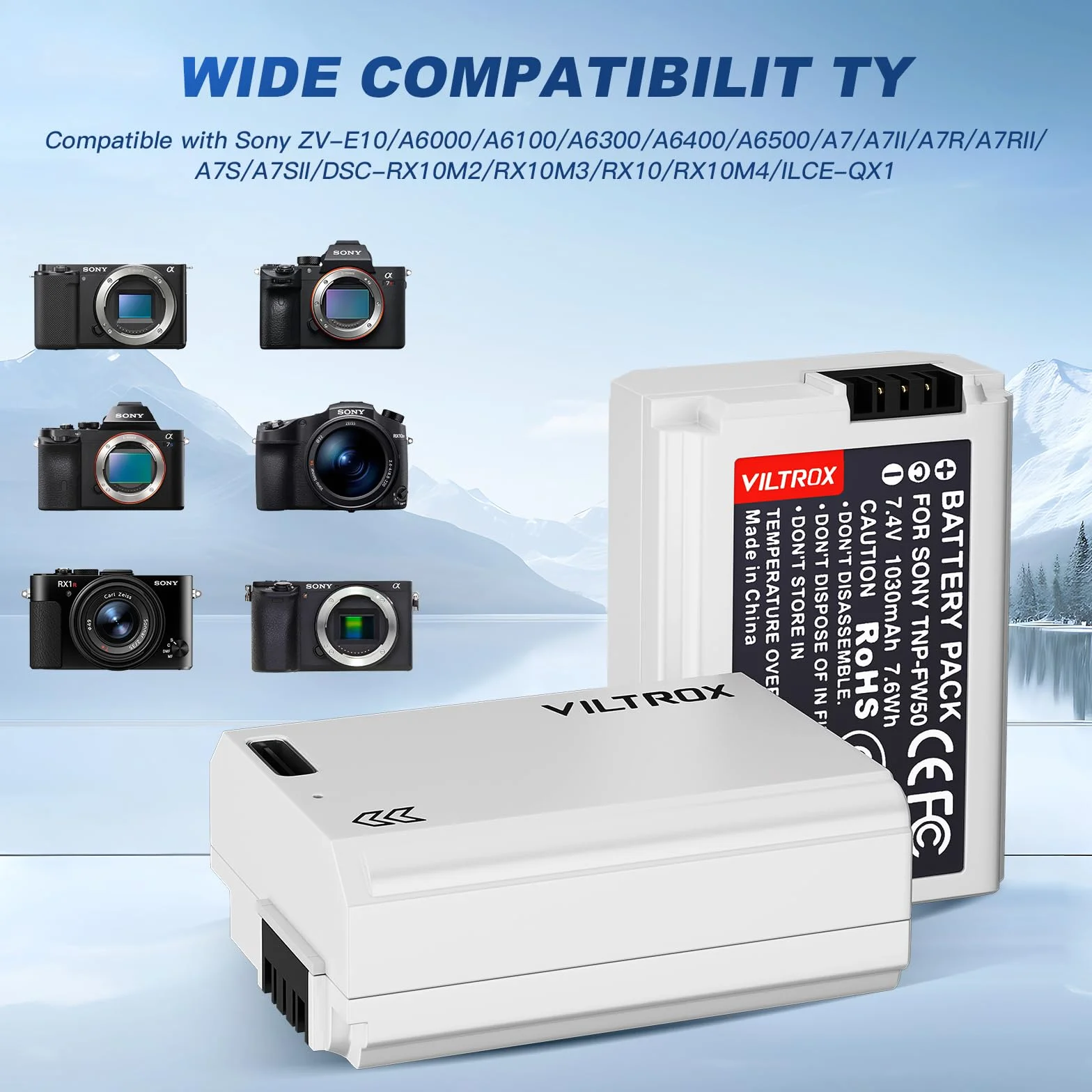 VILTROX NP-FW50 zestaw 2 baterii do aparatu bateria do wielokrotnego ładowania 1030 mAh USB-C do Sony 5100 5000 6500 6400 6300 6100 6000 7 TR 7S 7SM2 7M2 ZV-E10 QX1 DSC-RX10 10 M2 4 10M 3 10M2 A33 A35