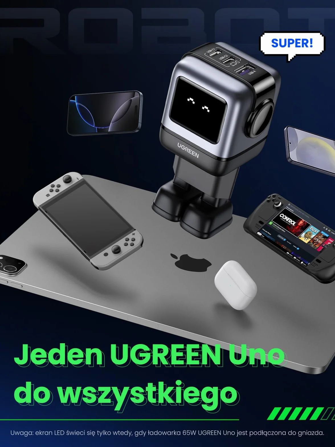UGREEN Uno USB C Charger 65W USB C Power Supply 3-Port Fast Charger LED Display kompatybilny z MacBook, iPad, iPhone 16, Galaxy S24 Ultra, Steam Deck (czarny)