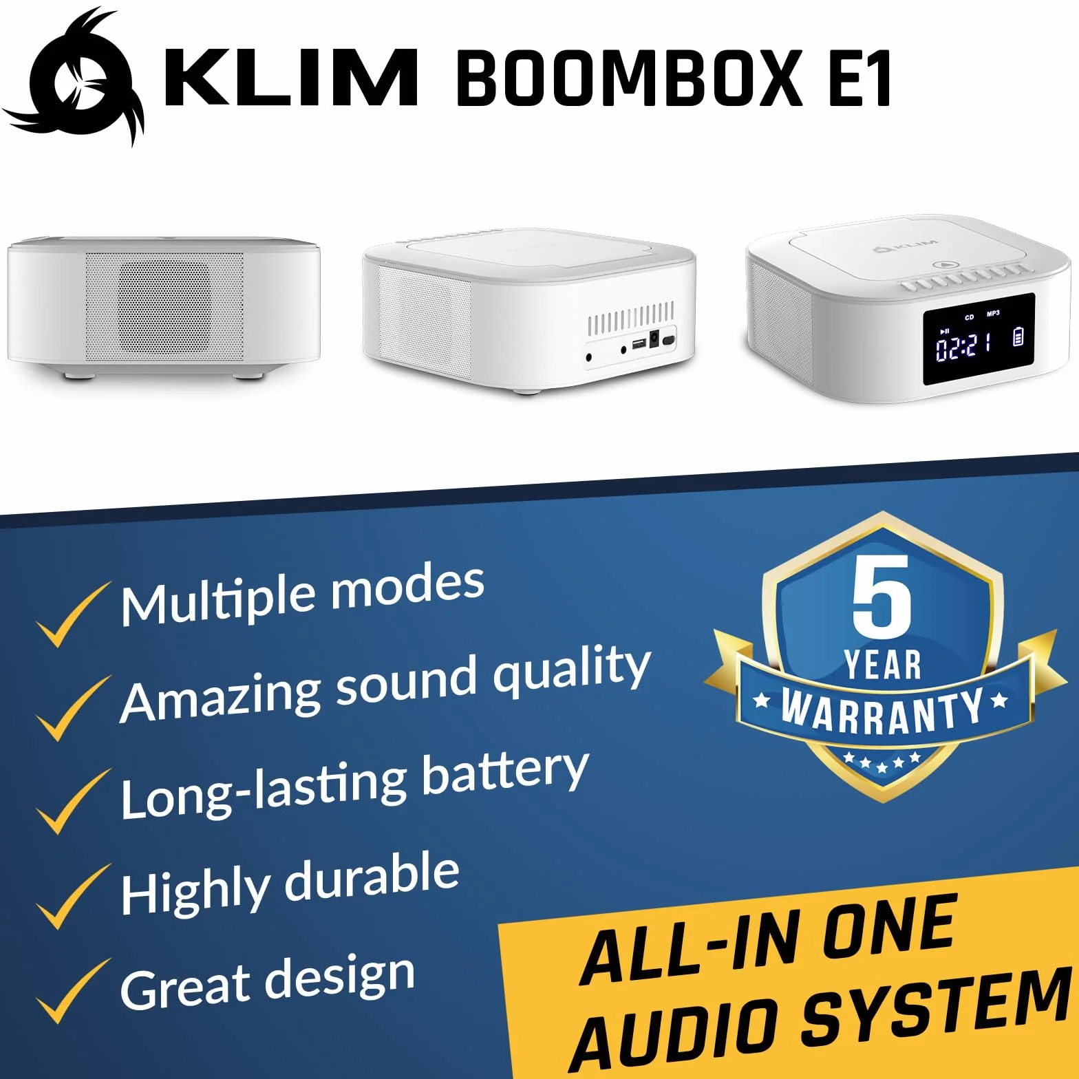 KLIM Odtwarzacz CD stereo Boombox E1, BASS Boost z subwooferem, radio FM z odtwarzaczem CD i USB, Bluetooth, AUX, domowy zestaw stereo, przewodowy lub bezprzewodowy, akumulator, pilot zdalnego