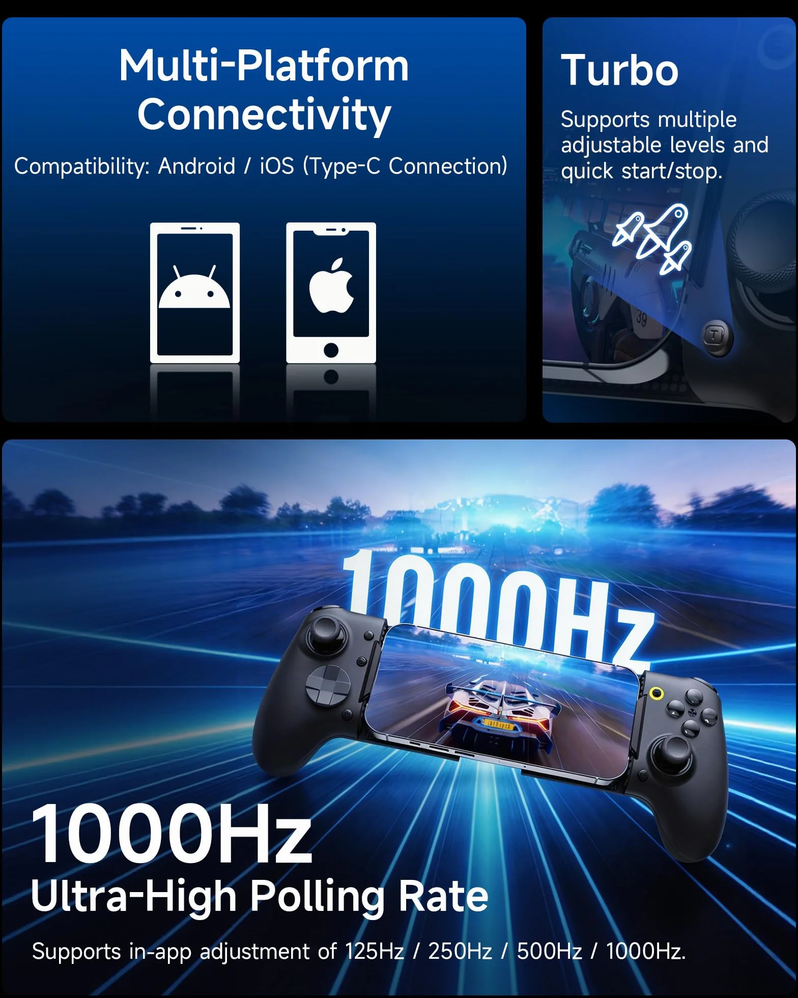 EasySMX M20 mobilny kontroler z USB-C do iPhone'a, smartfonów z systemem Android i tabletów 8,5", smartphone Controller z joystickiem z efektem pogłosu / dwustopniowym wyzwalaczem, Dual Grip