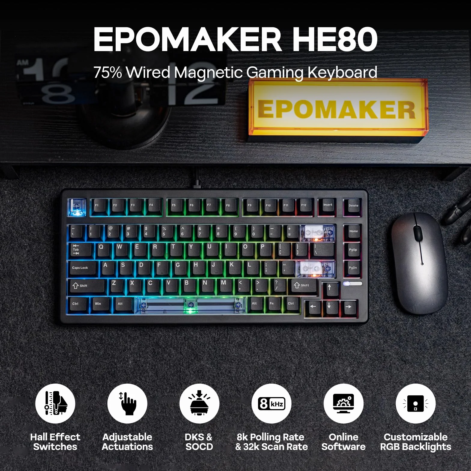EPOMAKER HE80 Klawiatura do gier z efektem Hall, 8K Polling & 32K Scan, kremowa uszczelka, DKS, SOCD, podświetlenie RGB, możliwość wymiany przełączników bez żadnych narzędzi, klawiatura do gier