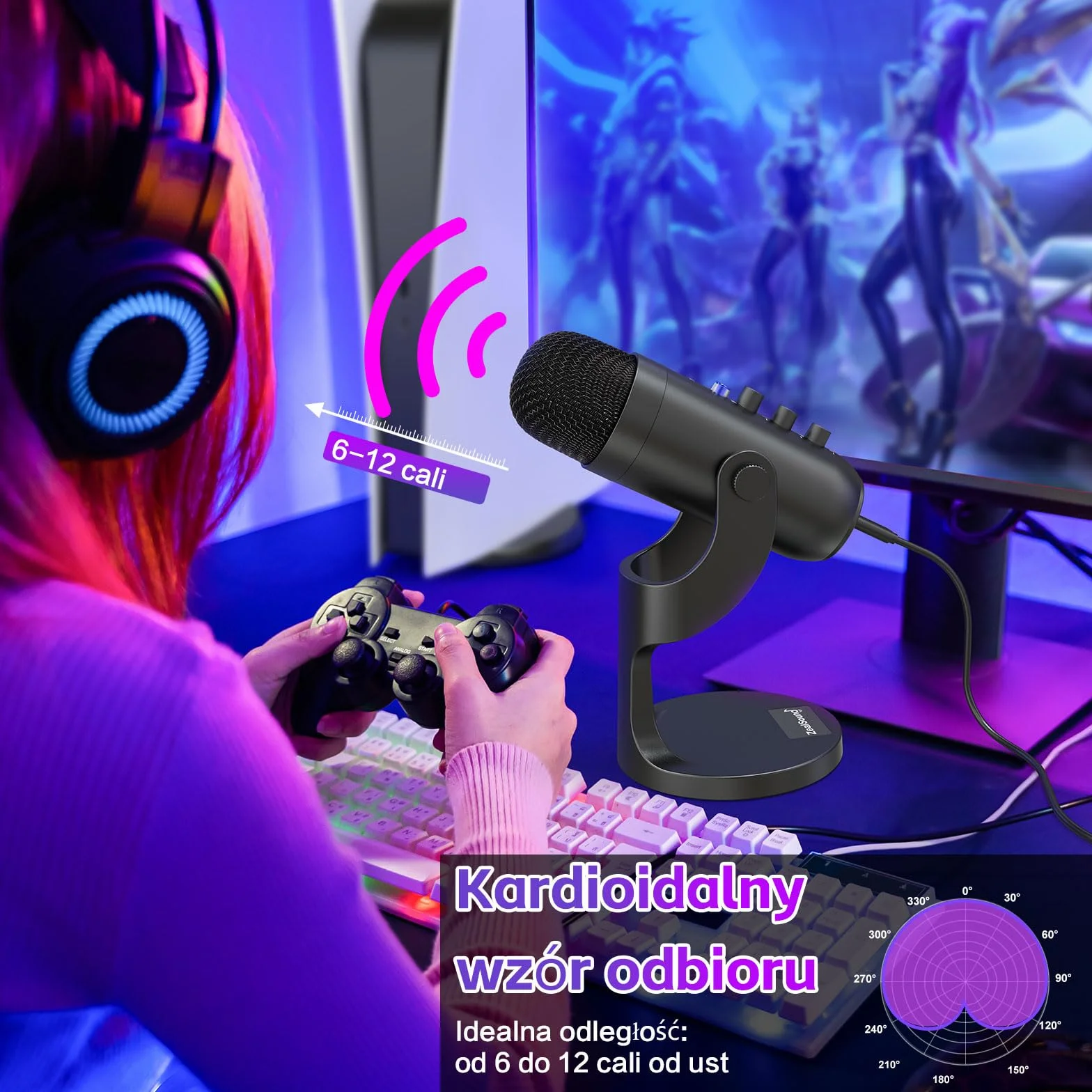 ZealSound Mikrofon USB pojemnościowy K66 do komputera PC PS5 Mac, wyciszenie i echo, regulacja głośności