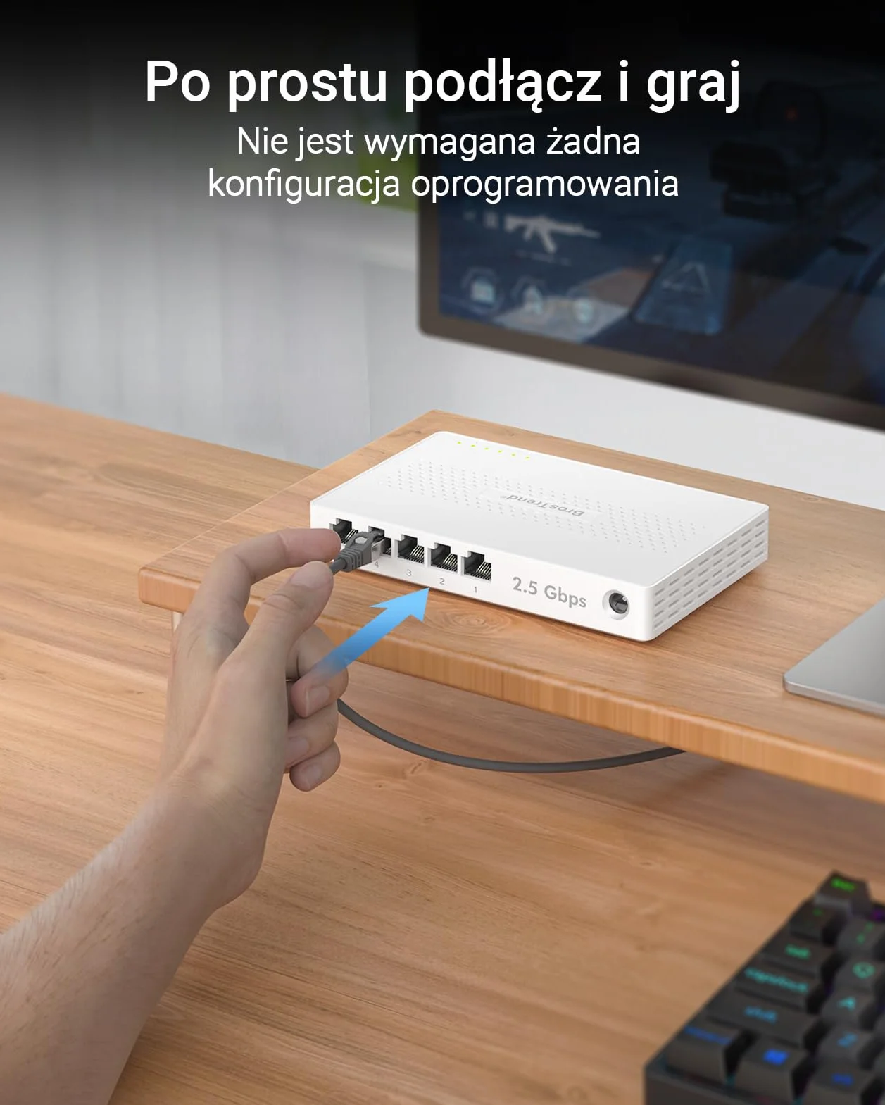 BrosTrend Przełącznik 5 portów 2,5 GB, niezarządzany przełącznik Ethernet do konsoli do gier, komputera, NAS itp. Przełącznik sieciowy 2,5 Gigabit bez wentylatora Plug & Play, dożywotnia ochrona