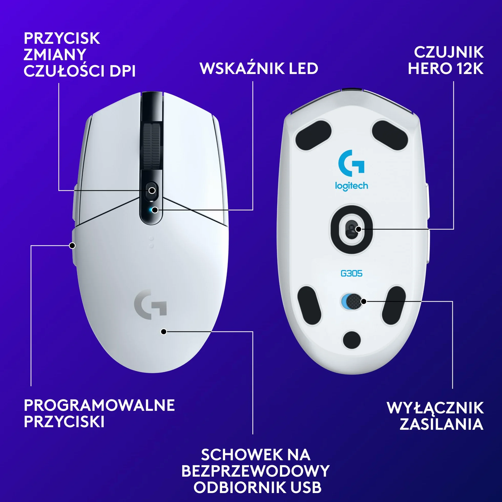 Logitech G G305 LIGHTSPEED, bezprzewodowa mysz do gier, czujnik HERO 12K, 12 000 DPI, lekka, 6 programowalnych przycisków, żywotność baterii 250 h, pamięć wbudowana, PC/Mac - Biały