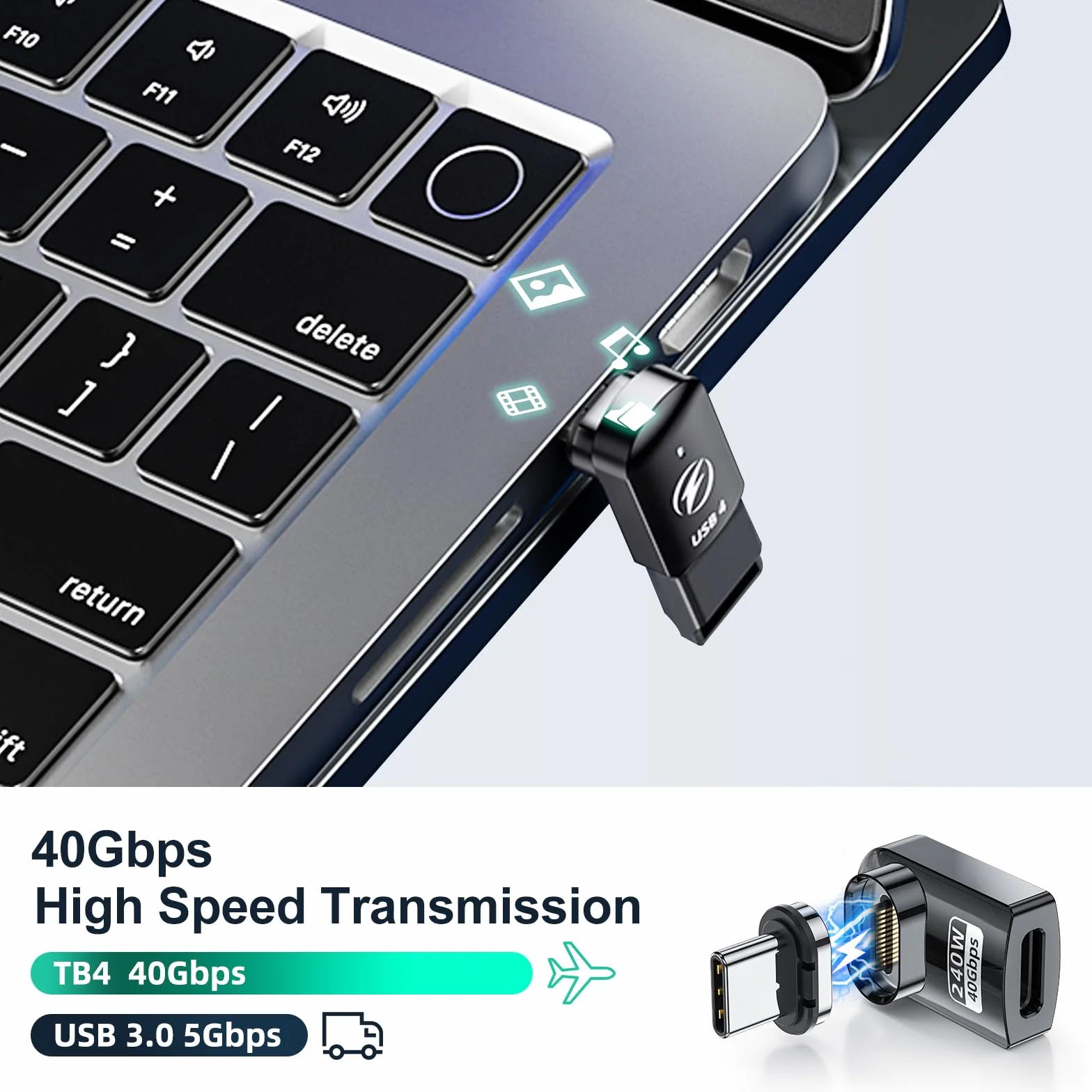 Magnetyczny adapter USB C 240 W, 2 sztuki, HanCenDa adapter magnetyczny USB C 24-biegunowy, szybkie ładowanie, USB 40 Gbit/s, transmisja danych 8K 60 Hz wideo do Thunderbolt 3/4, MacBook Pro/Air/ROG
