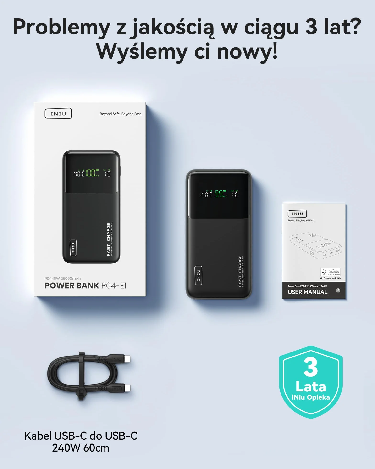 INIU Laptop PowerBank, Szybkie Ładowanie 140W 25000mAh, Mała Zewnętrzna Bateria do Telefonu Komórkowego z Wejściem i Wyjściem USB C do MacBook Pro, Surface, iPad, Kamery, DJI, iPhone 16 15 14 13 itp.