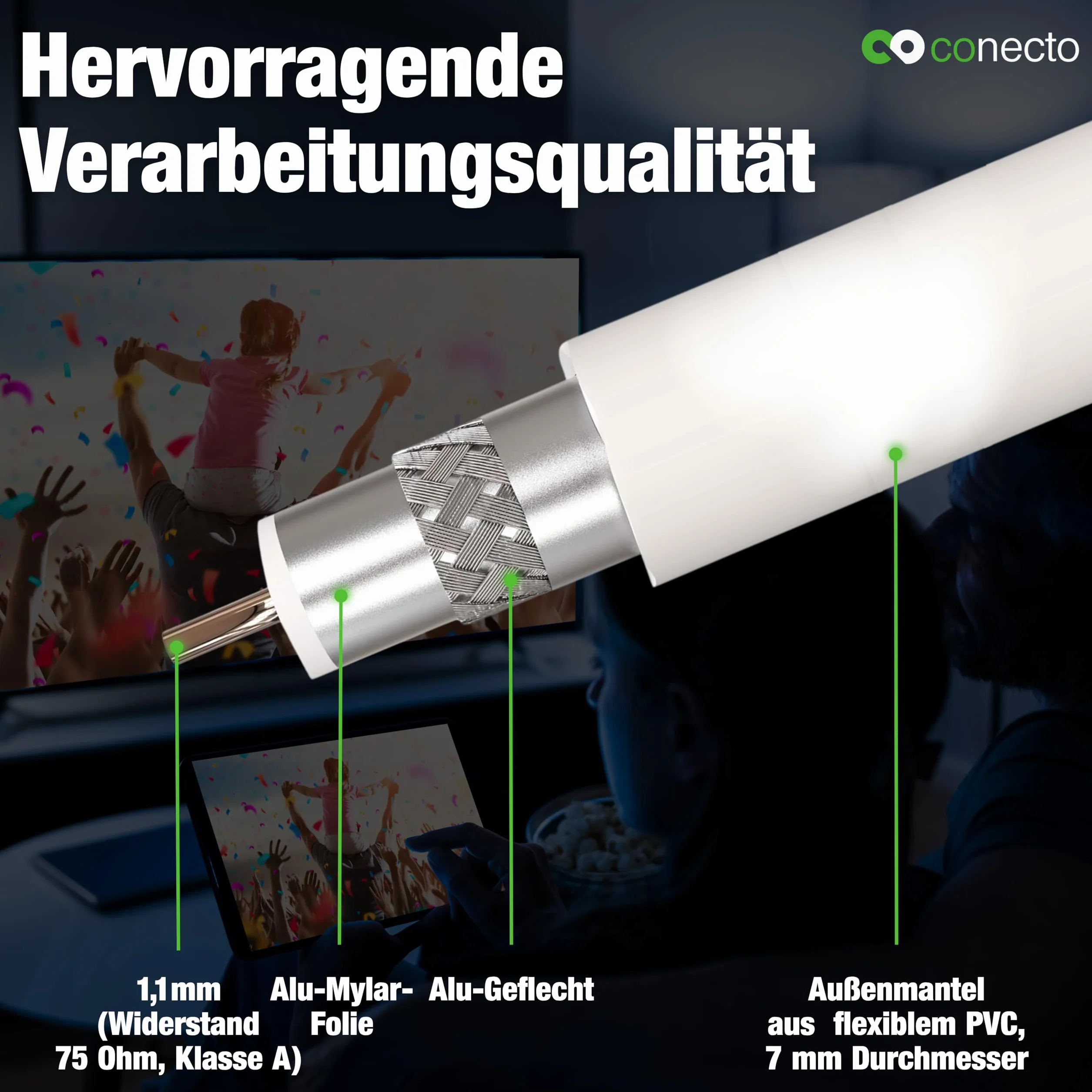 conecto Kabel antenowy SAT, kabel koncentryczny, kabel satelitarny TV 10 m, 4-krotnie ekranowany, wtyczka F, do HDTV, odbiornika, satelity, DAB, radia, biały