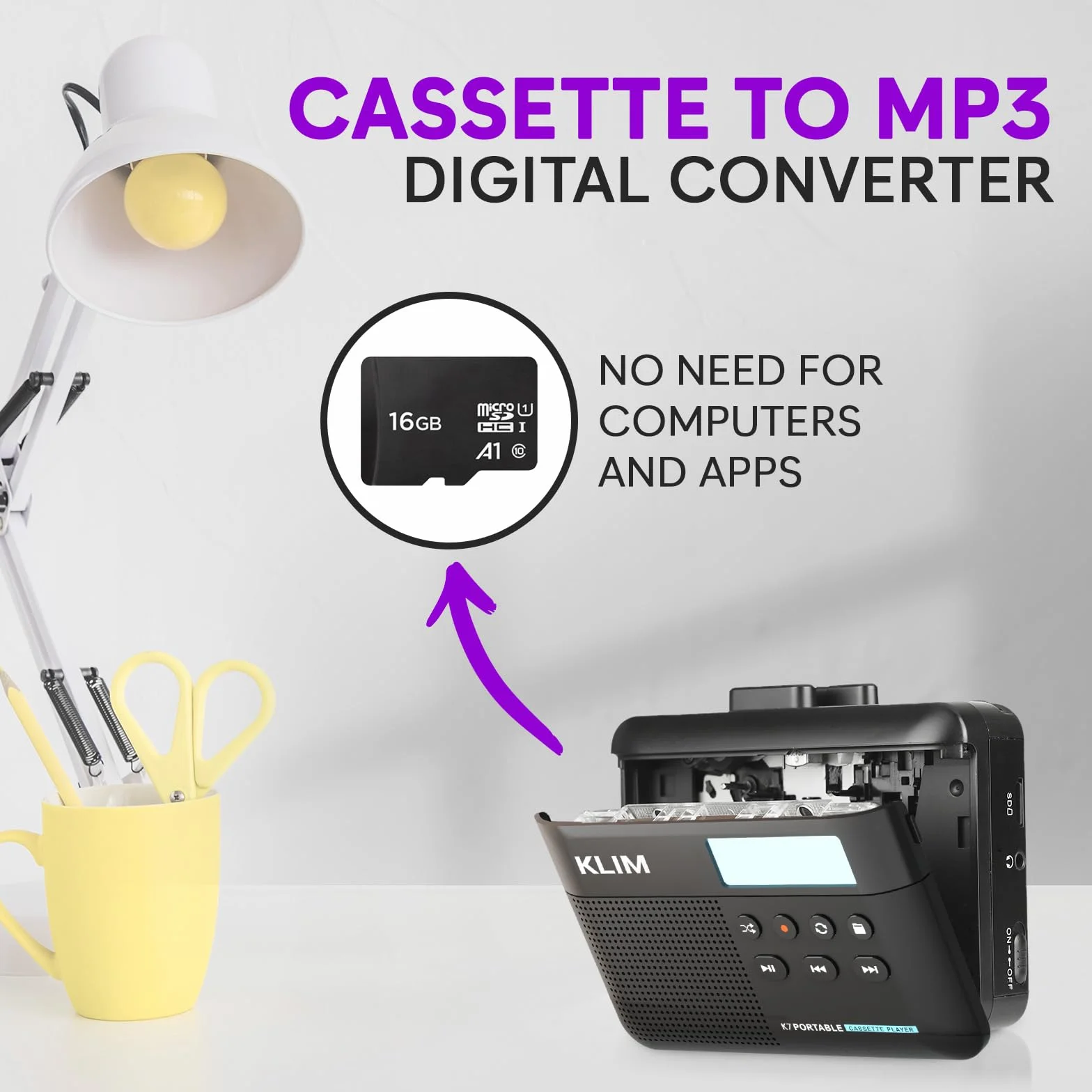 KLIM K7 Odtwarzacz kasetowy Walkman z konwerterem na MP3, wbudowany mikrofon, głośnik, karta SD 16 GB